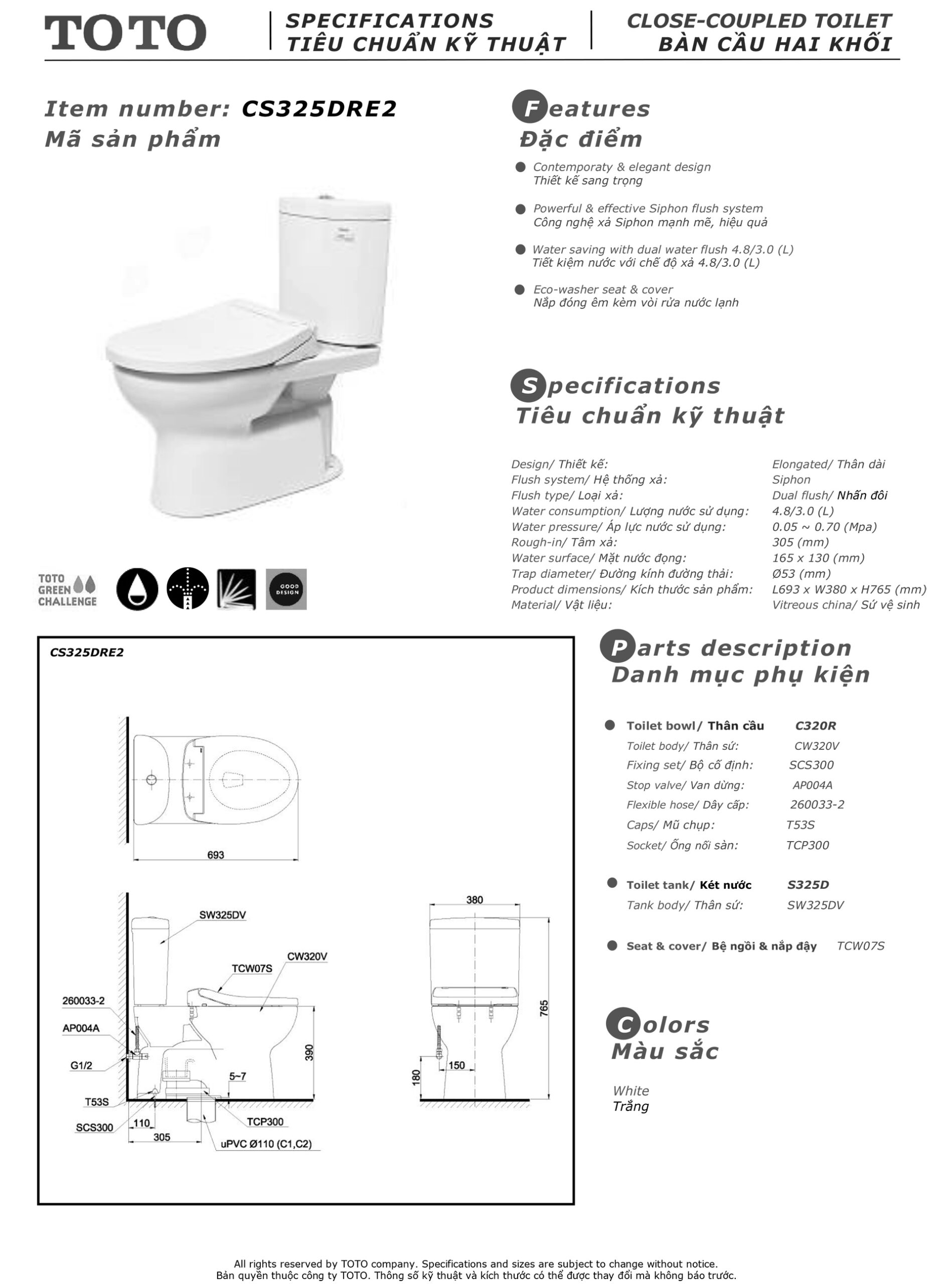ban ve thong so bon cau toto CS325DRE2 Bản vẽ thông số kỹ thuật và hướng dẫn lắp đặt bồn cầu cao cấp TOTO CS325DRE2