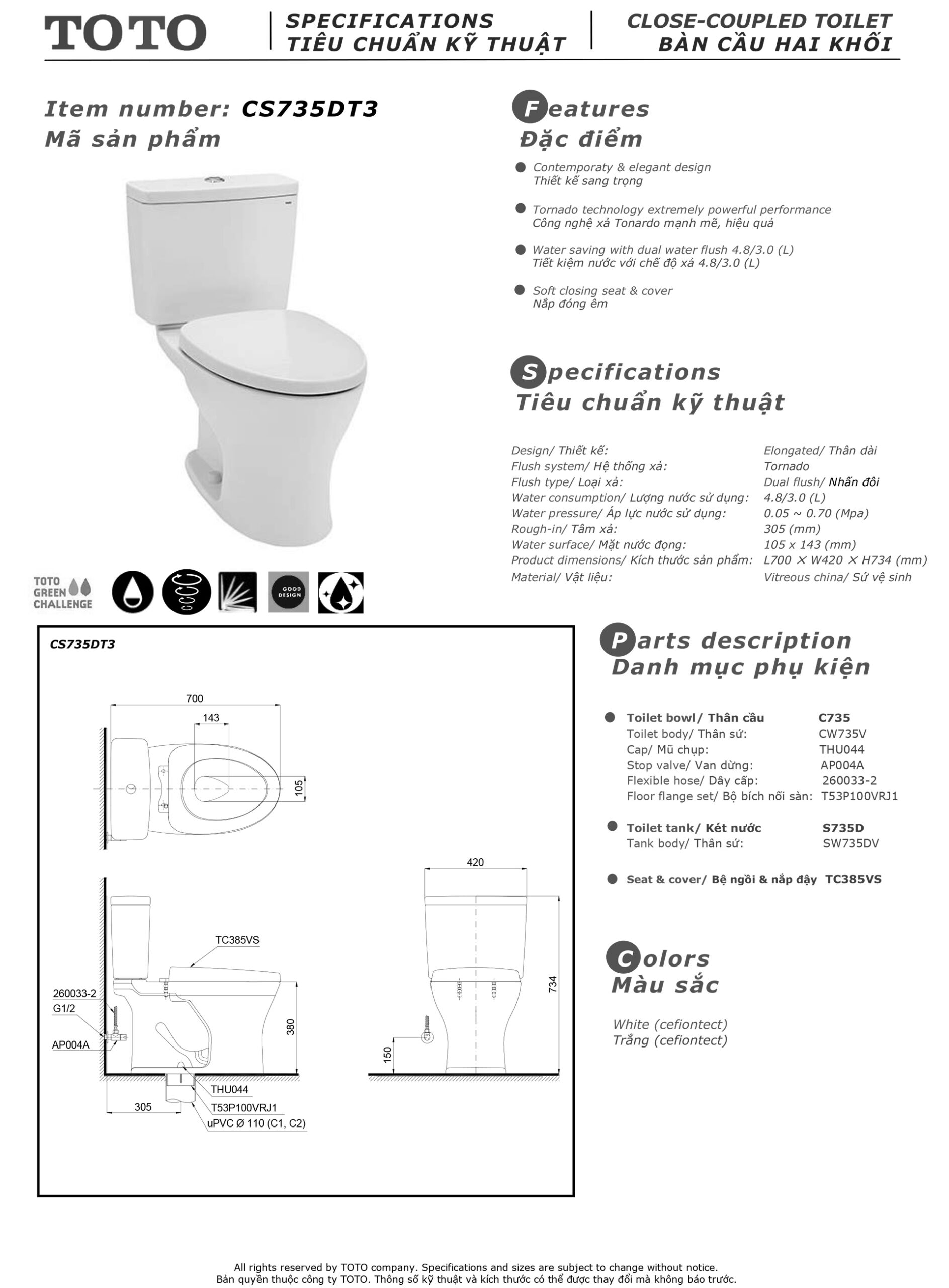 Bản vẽ thông số kỹ thuật và hướng dẫn lắp đặt bồn cầu cao cấp TOTO CS735DT3