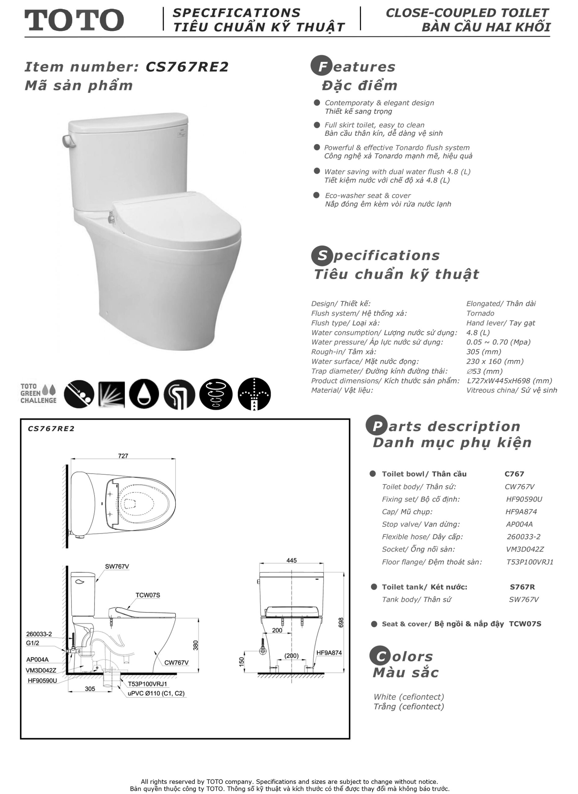 Bản vẽ thông số kỹ thuật và hướng dẫn lắp đặt bồn cầu cao cấp TOTO CS767RE2