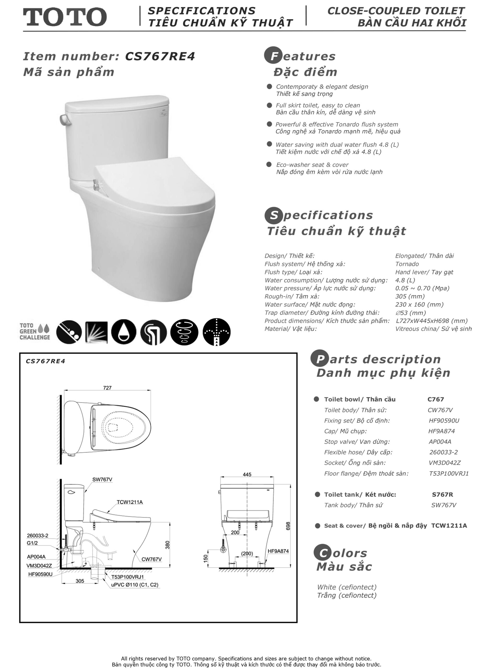 Bản vẽ thông số kỹ thuật và hướng dẫn lắp đặt bồn cầu cao cấp TOTO CS767RE4