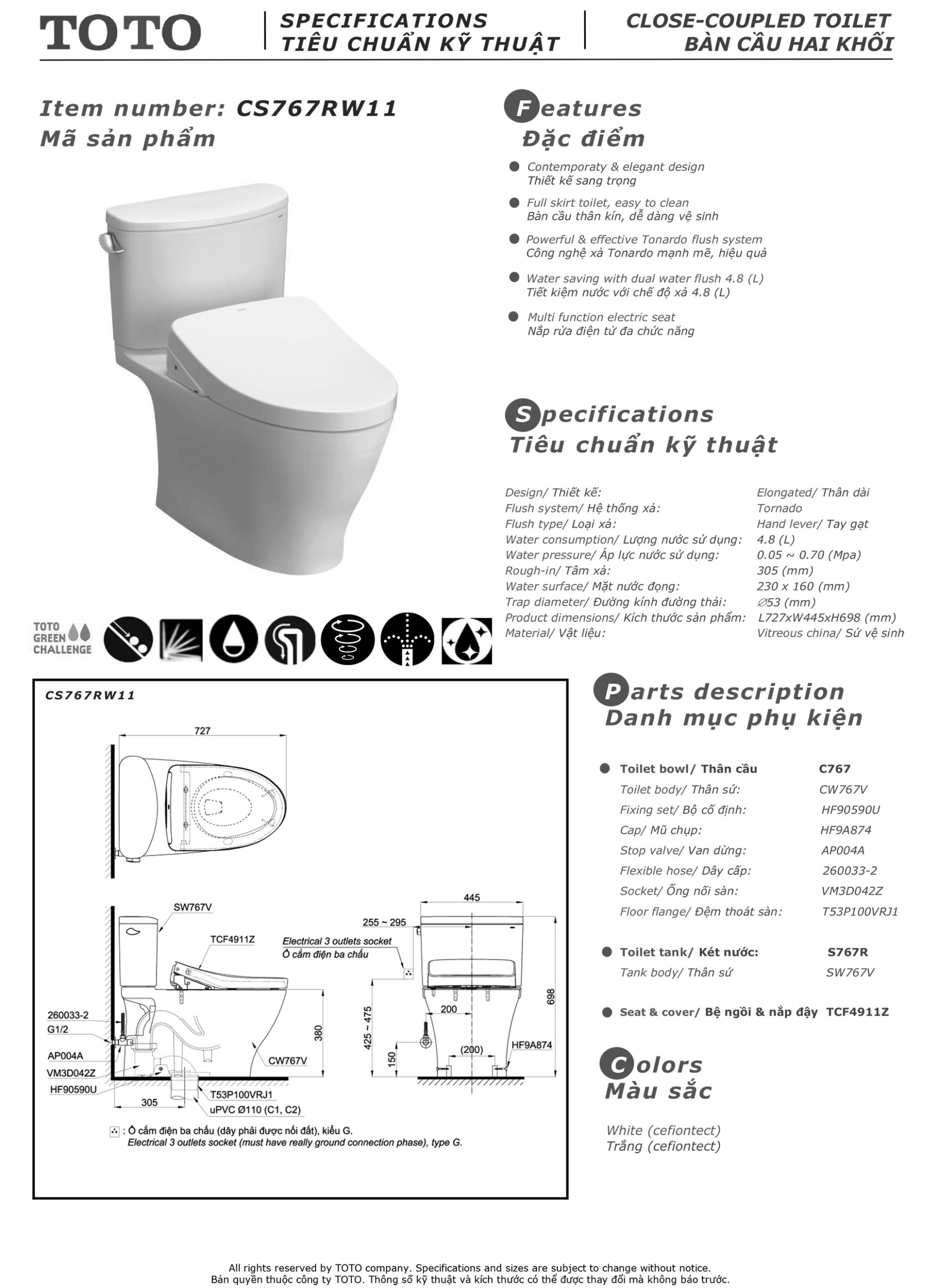 Bản vẽ thông số kỹ thuật và hướng dẫn lắp đặt bồn cầu cao cấp TOTO CS767RW11