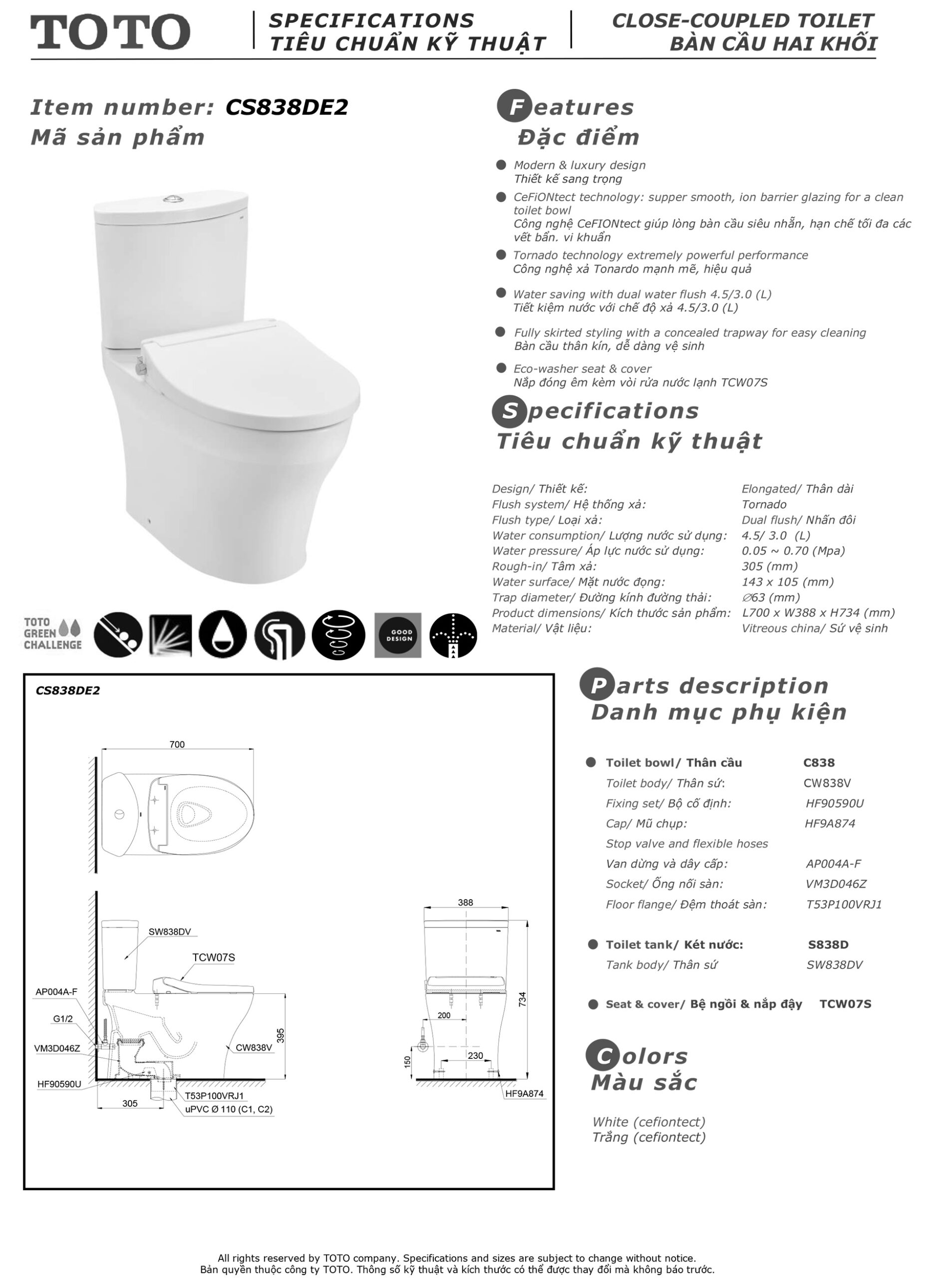Bản vẽ thông số kỹ thuật và hướng dẫn lắp đặt bồn cầu cao cấp TOTO CS838DE2