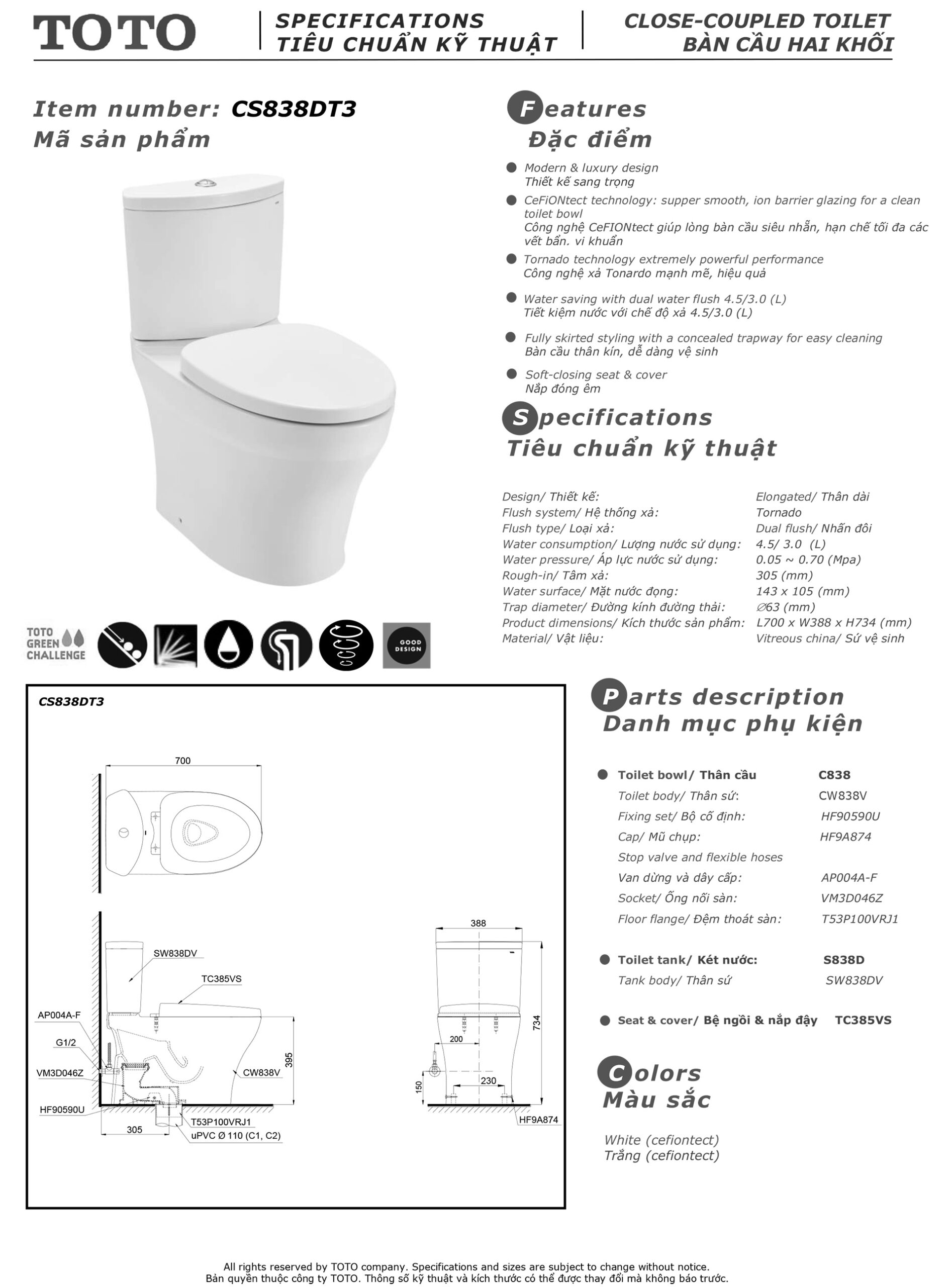 Bản vẽ thông số kỹ thuật và hướng dẫn lắp đặt bồn cầu cao cấp TOTO CS838DT3