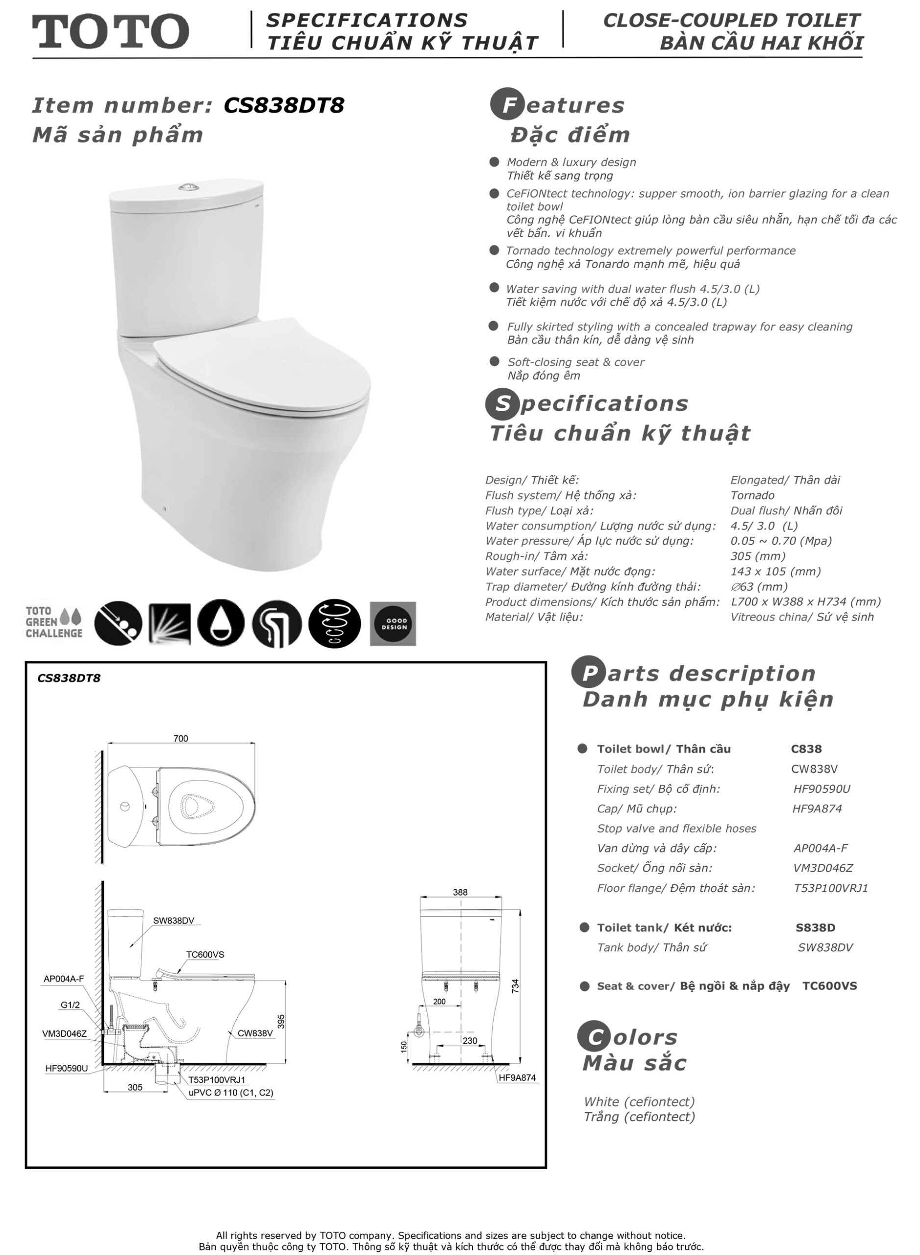 ban ve thong so bon cau toto CS838DT8 Bản vẽ thông số kỹ thuật và hướng dẫn lắp đặt bồn cầu cao cấp TOTO CS838DT8