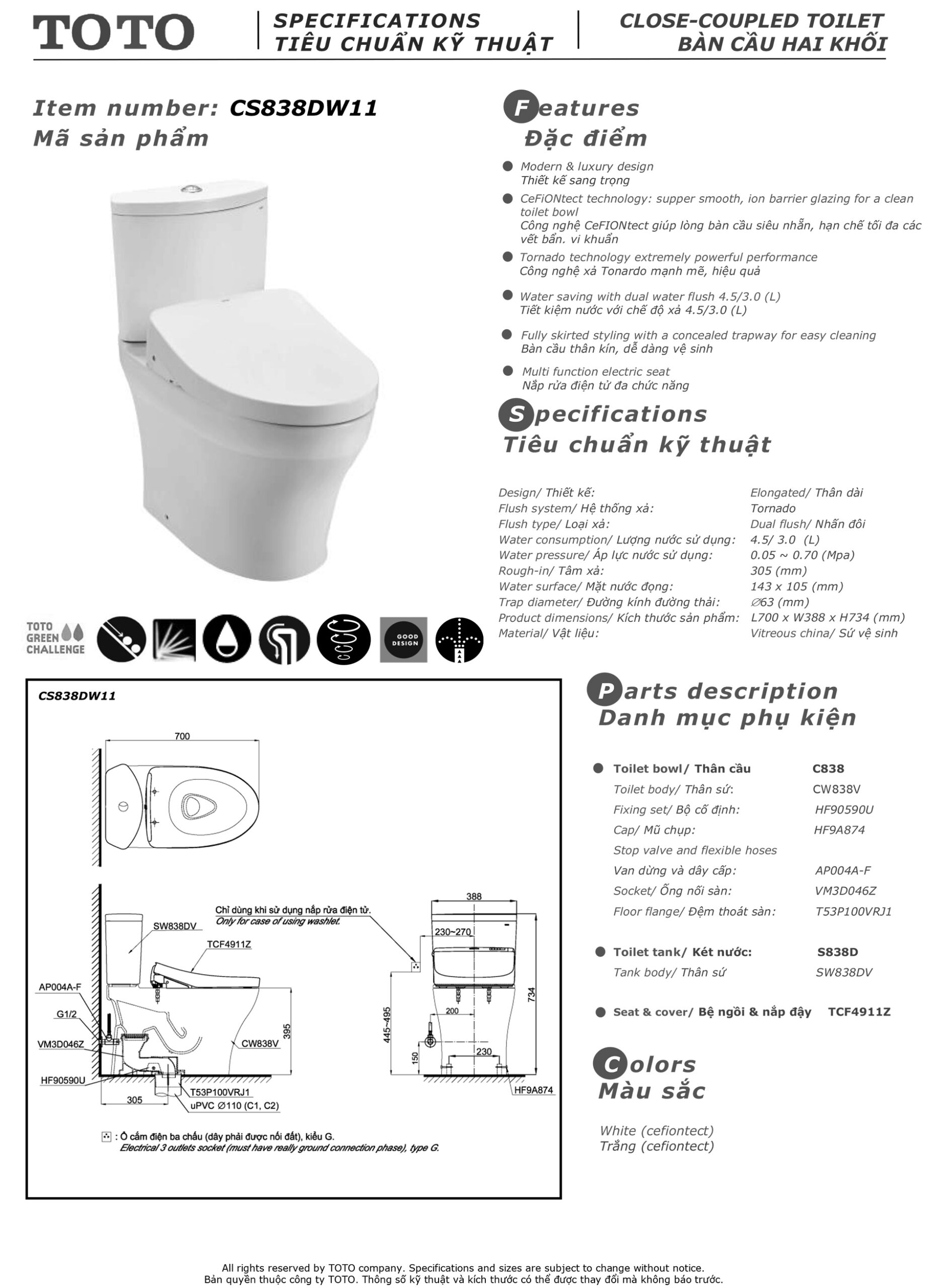Bản vẽ thông số kỹ thuật và hướng dẫn lắp đặt bồn cầu cao cấp TOTO CS838DW11