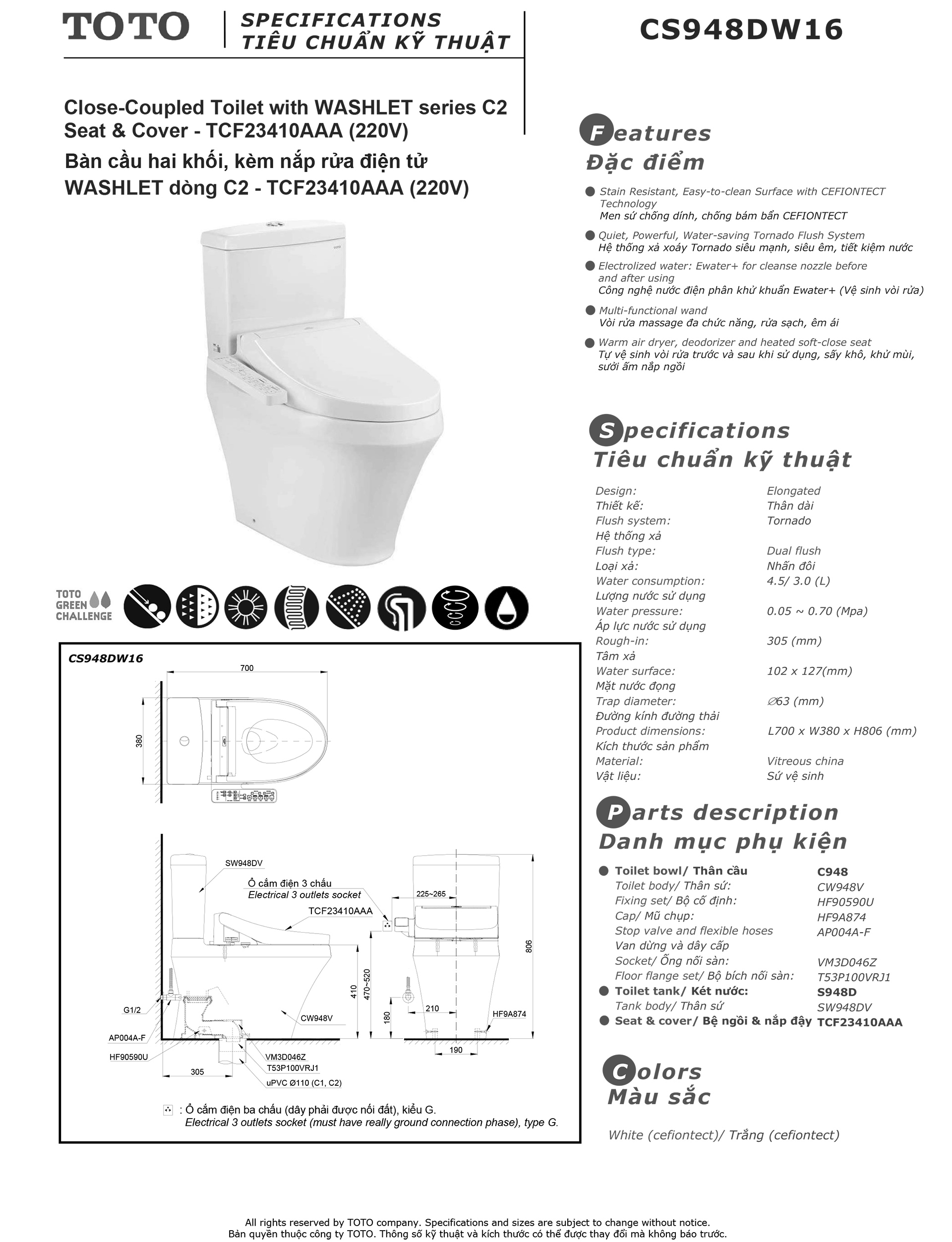 Microsoft Word - TSKT_Ban_cau_hai_khoi_CS948DW16_Rv01.doc Bản vẽ thông số kỹ thuật và hướng dẫn lắp đặt bồn cầu cao cấp TOTO CS948DW16