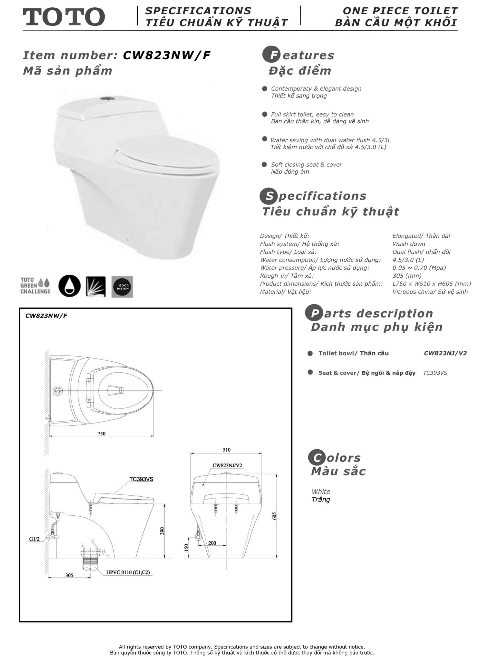 Bản vẽ thông số kỹ thuật và hướng dẫn lắp đặt bồn cầu cao cấp TOTO CW823NWF