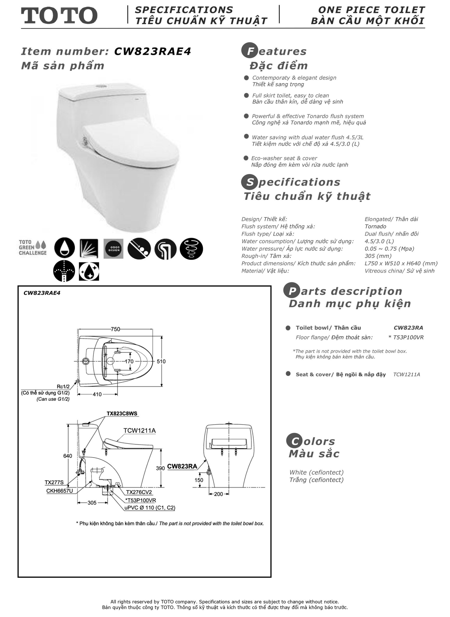 Bản vẽ thông số kỹ thuật và hướng dẫn lắp đặt bồn cầu cao cấp TOTO CW823RAE4