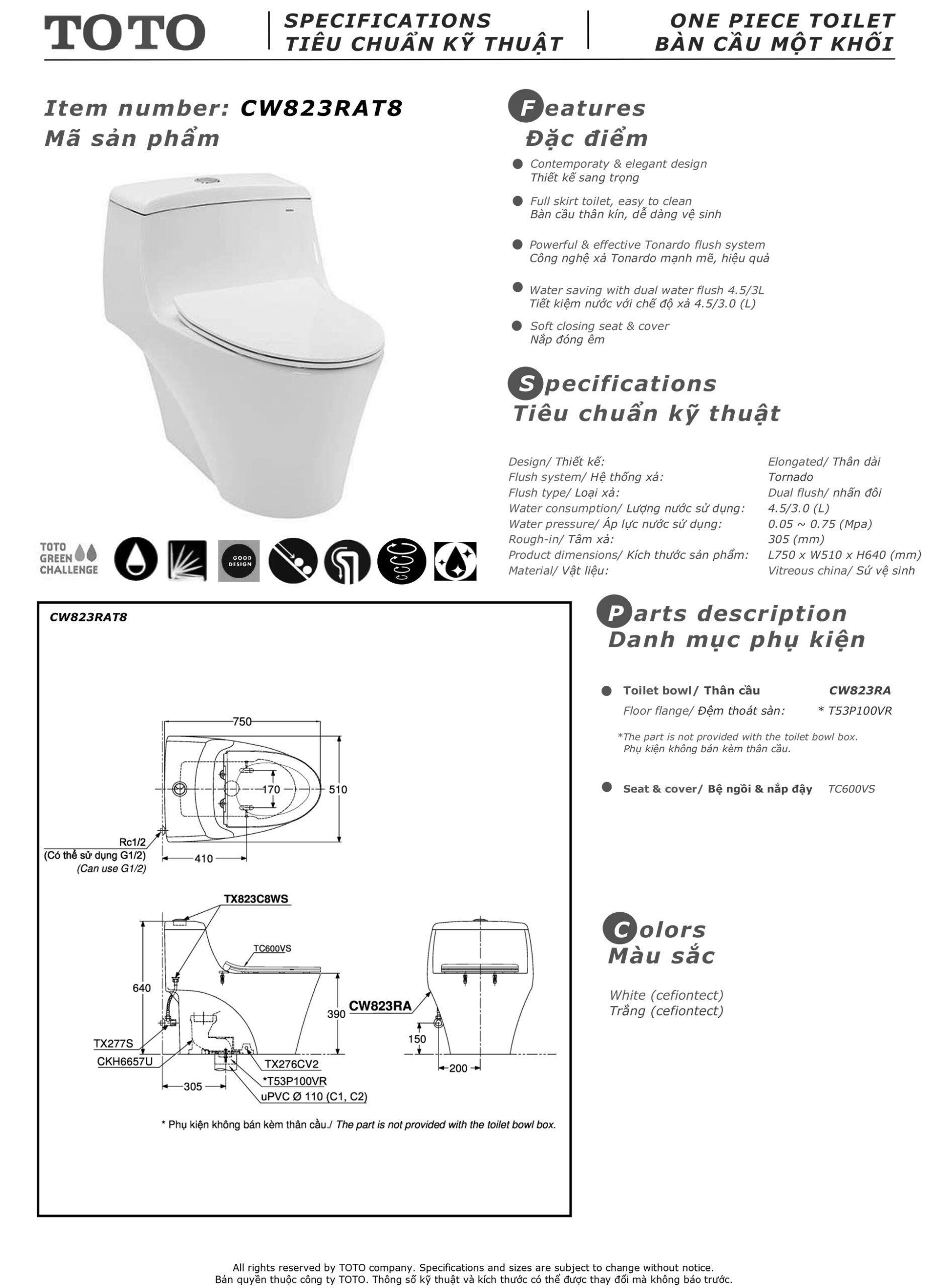 Bản vẽ thông số kỹ thuật và hướng dẫn lắp đặt bồn cầu cao cấp TOTO CW823RAT8