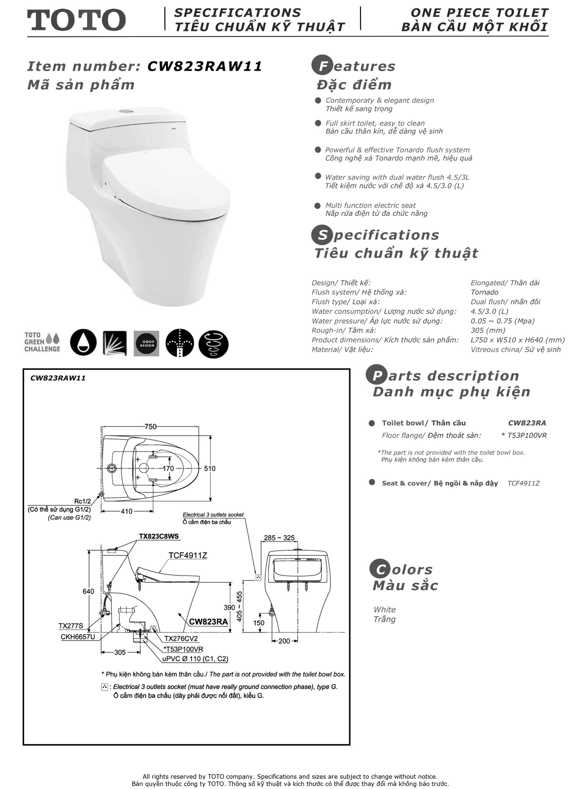 Bản vẽ thông số kỹ thuật và hướng dẫn lắp đặt bồn cầu cao cấp TOTO CW823RAW11
