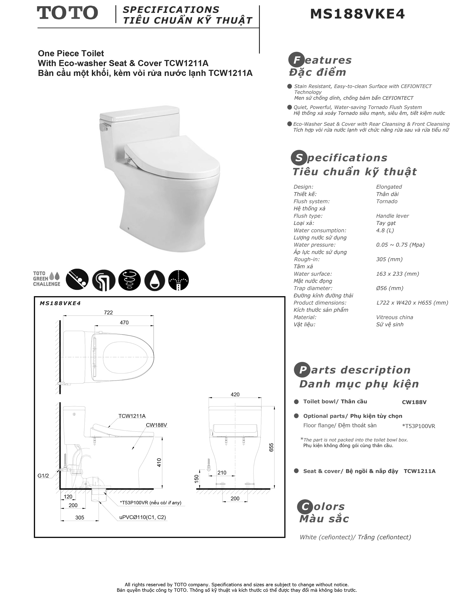 Bản vẽ thông số kỹ thuật và hướng dẫn lắp đặt bồn cầu cao cấp TOTO MS188VKE4