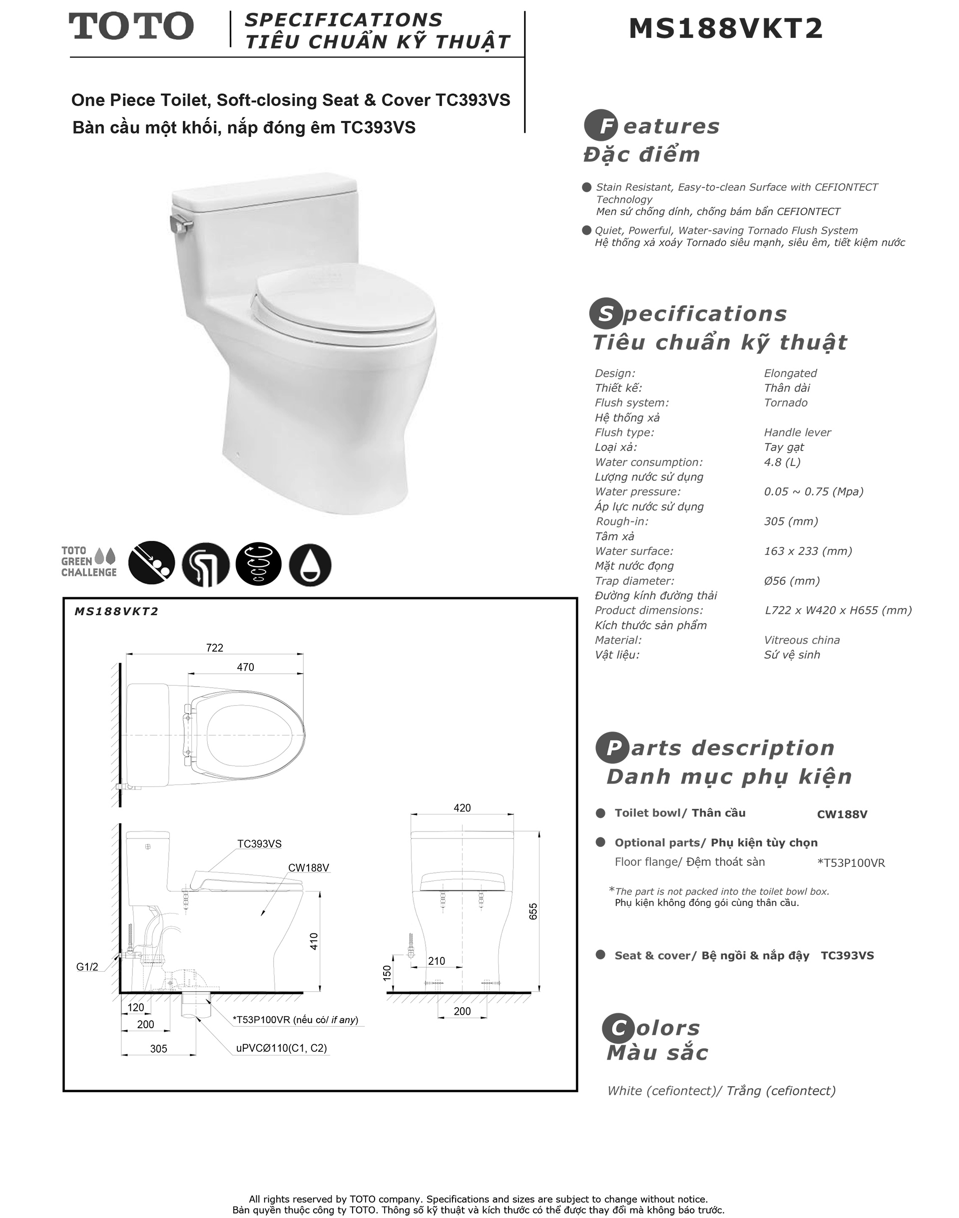 Bản vẽ thông số kỹ thuật và hướng dẫn lắp đặt bồn cầu cao cấp TOTO MS188VKT2