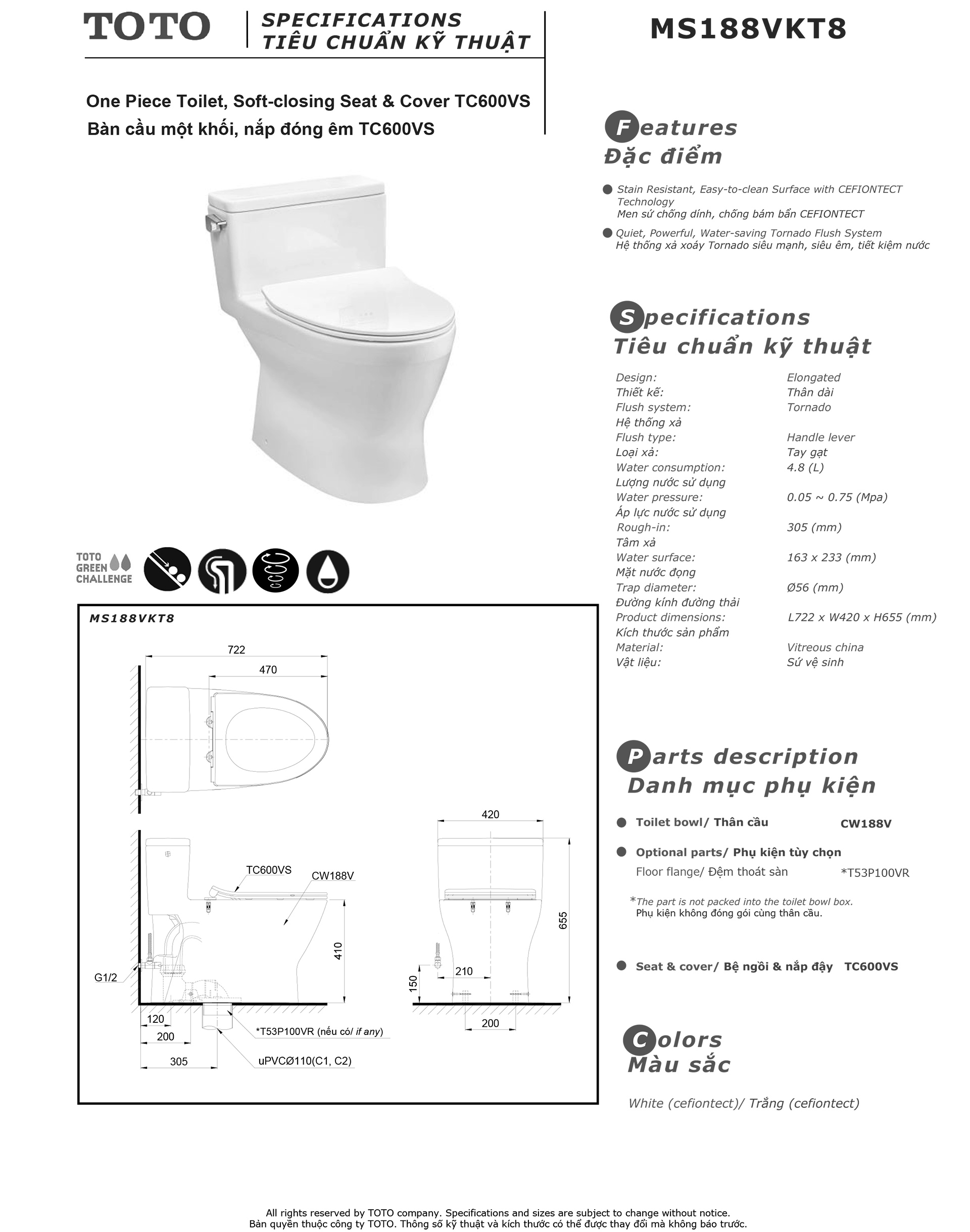 Bản vẽ thông số kỹ thuật và hướng dẫn lắp đặt bồn cầu cao cấp TOTO MS188VKT8