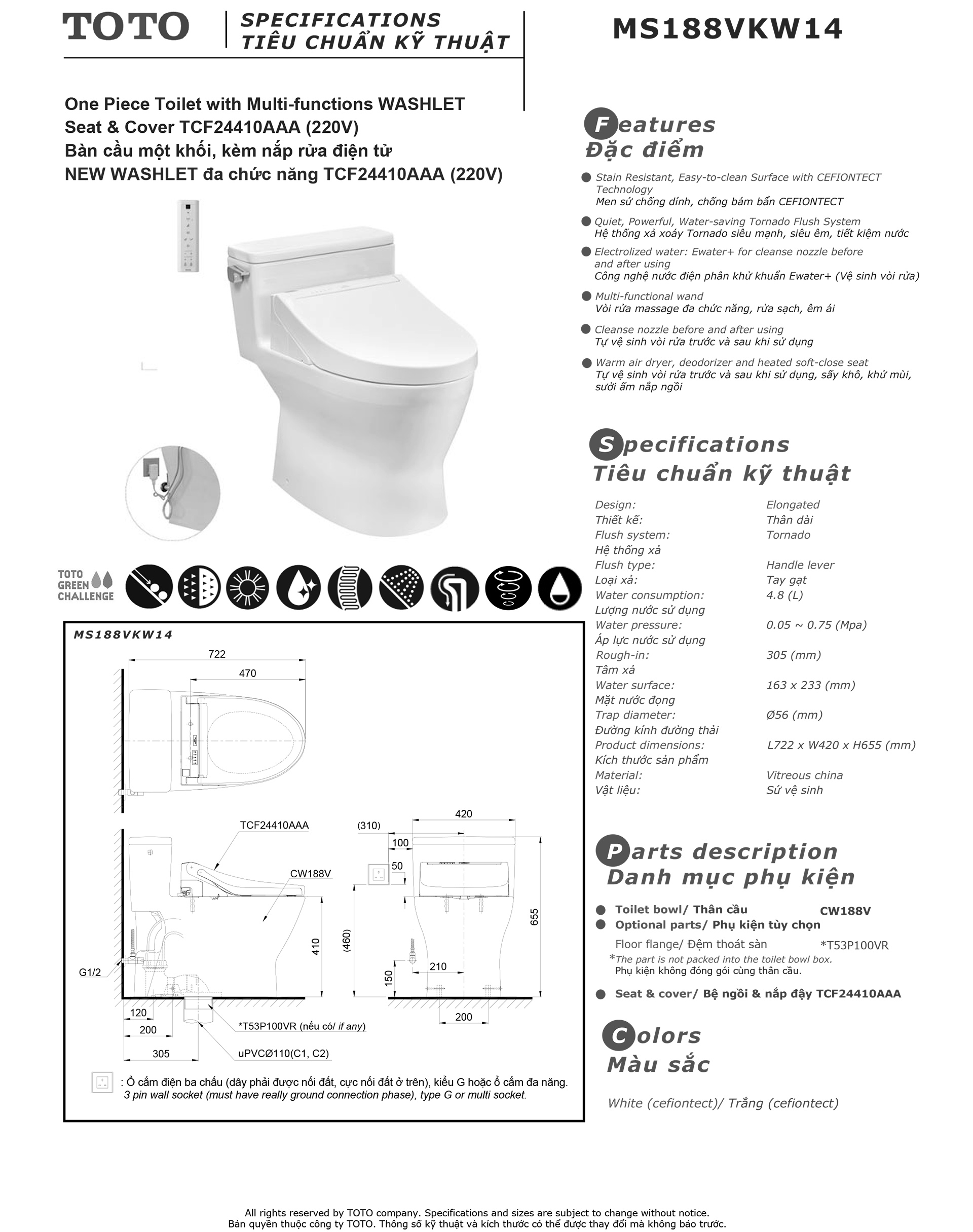 Bản vẽ thông số kỹ thuật và hướng dẫn lắp đặt bồn cầu cao cấp TOTO MS188VKW14