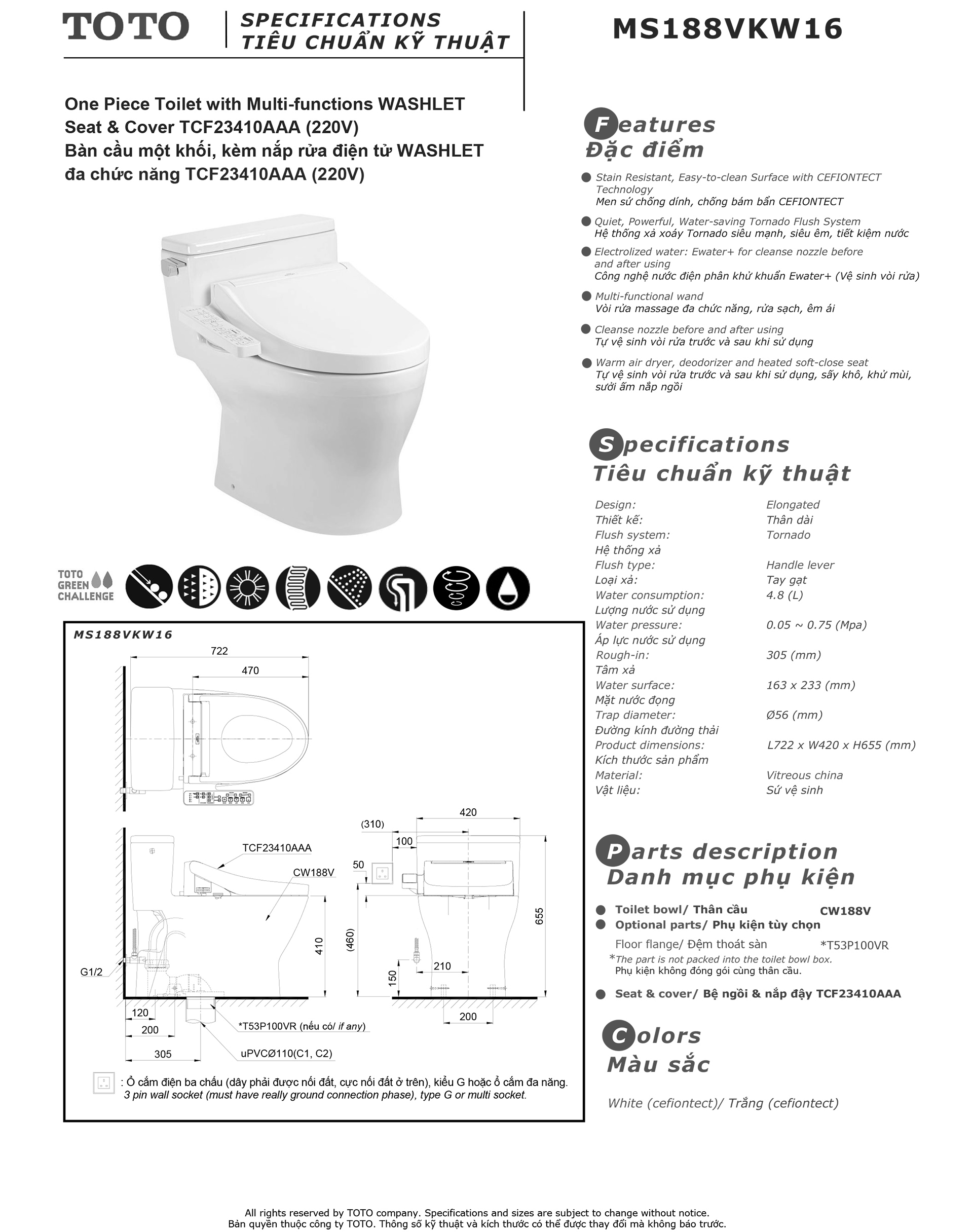 Bản vẽ thông số kỹ thuật và hướng dẫn lắp đặt bồn cầu cao cấp TOTO MS188VKW16