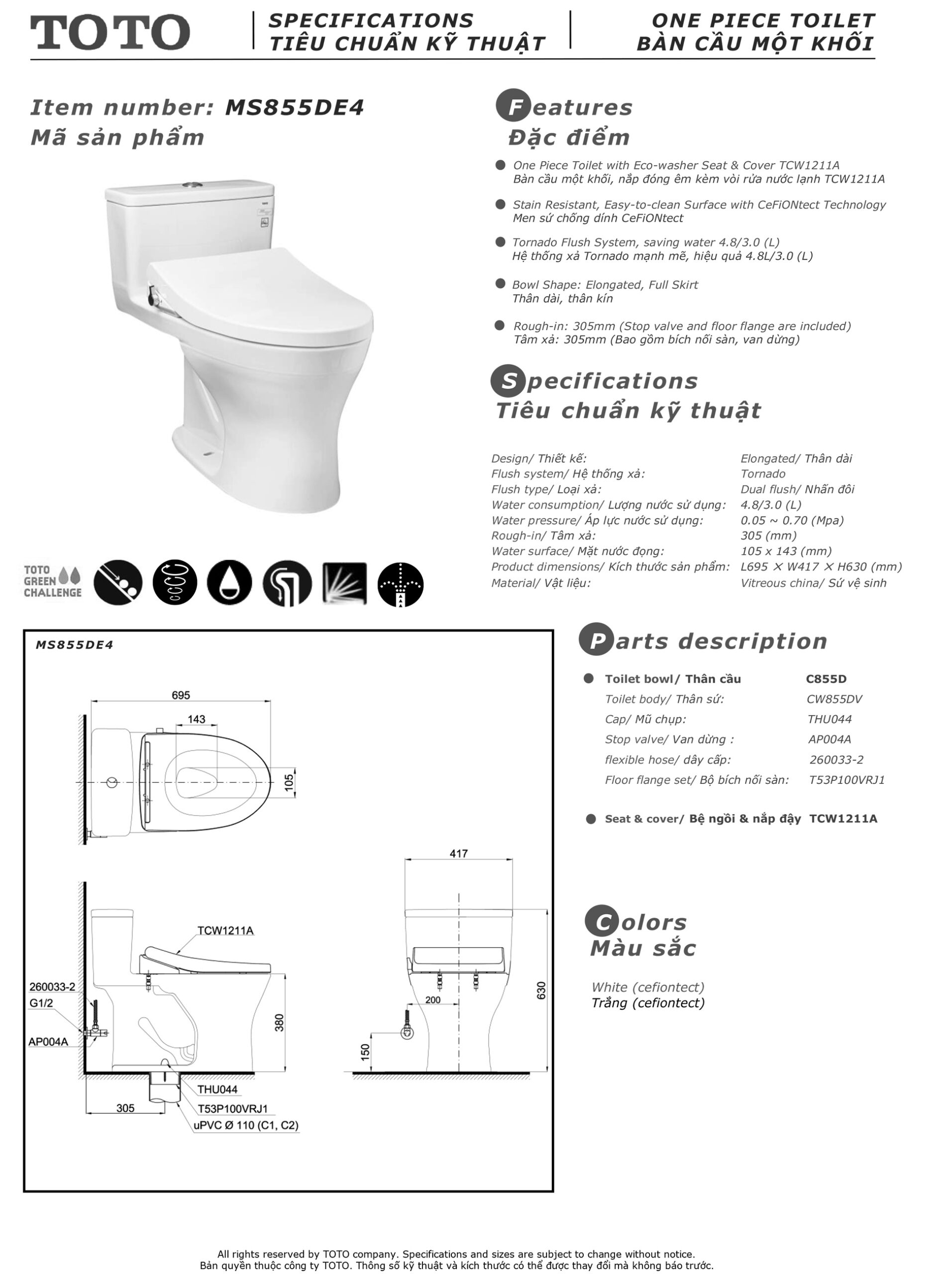Bản vẽ thông số kỹ thuật và hướng dẫn lắp đặt bồn cầu cao cấp TOTO MS855DE4