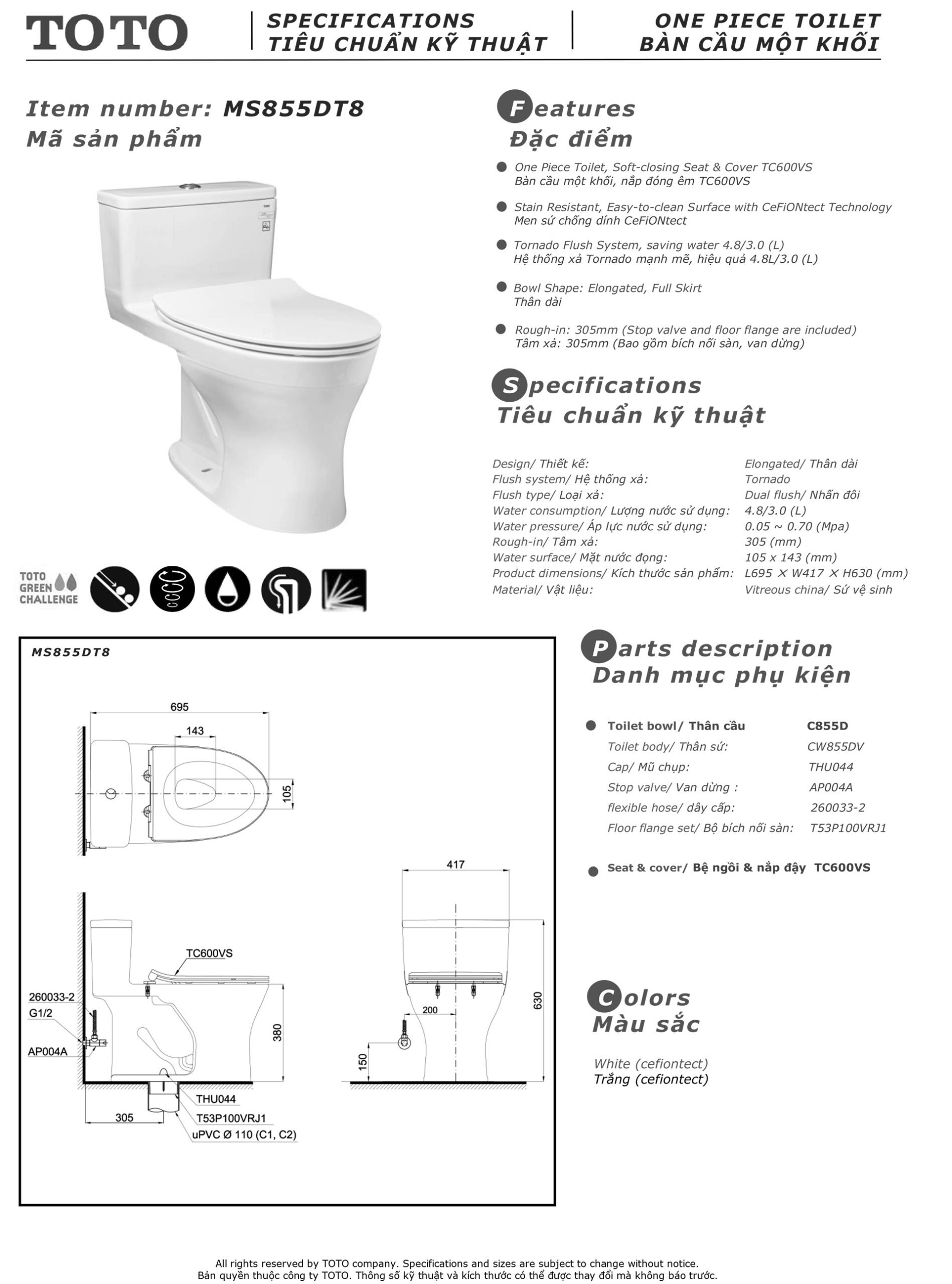 Bản vẽ thông số kỹ thuật và hướng dẫn lắp đặt bồn cầu cao cấp TOTO MS855DT8