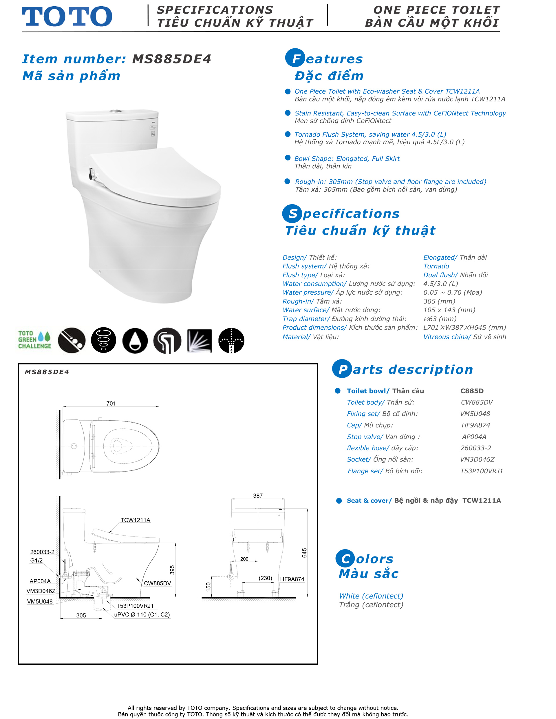 Bản vẽ thông số kỹ thuật và hướng dẫn lắp đặt bồn cầu cao cấp TOTO MS885DE4