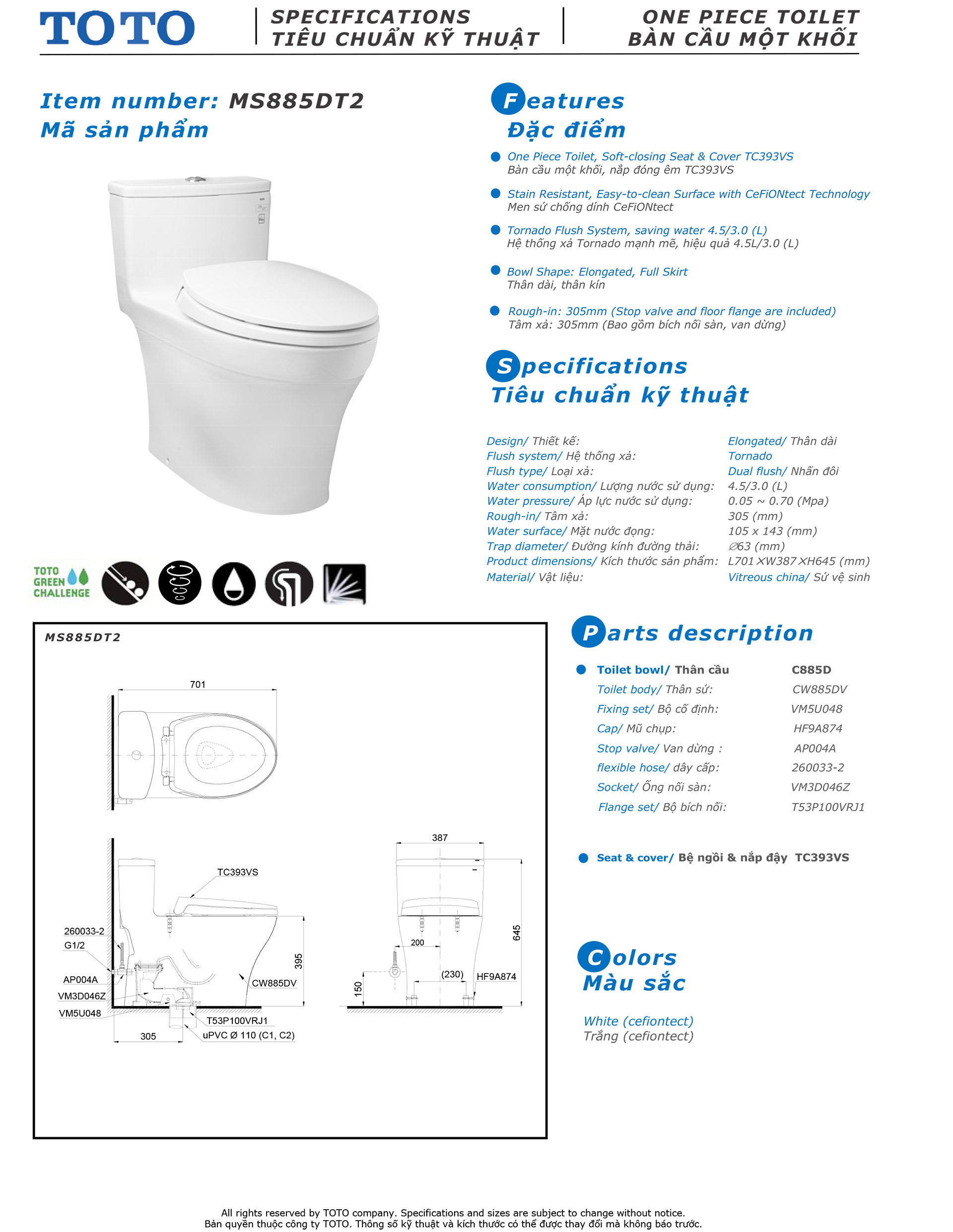 Bản vẽ thông số kỹ thuật và hướng dẫn lắp đặt bồn cầu cao cấp TOTO MS885DT2