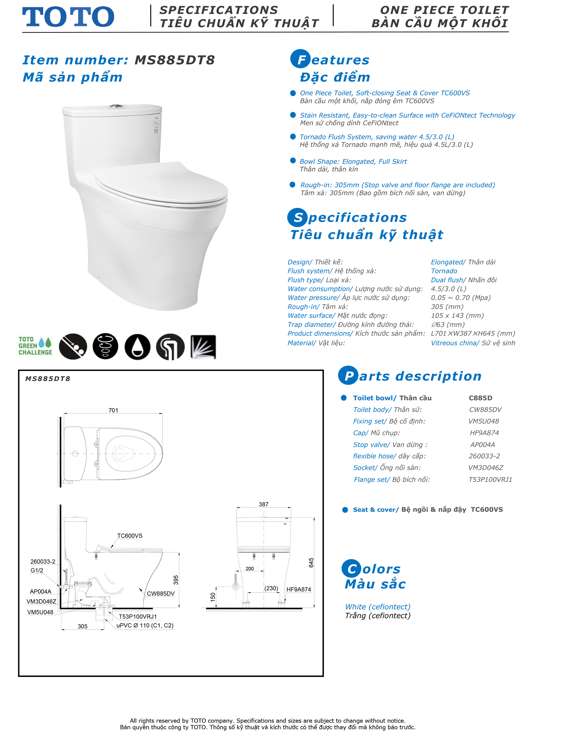 Bản vẽ thông số kỹ thuật và hướng dẫn lắp đặt bồn cầu cao cấp TOTO MS885DT8