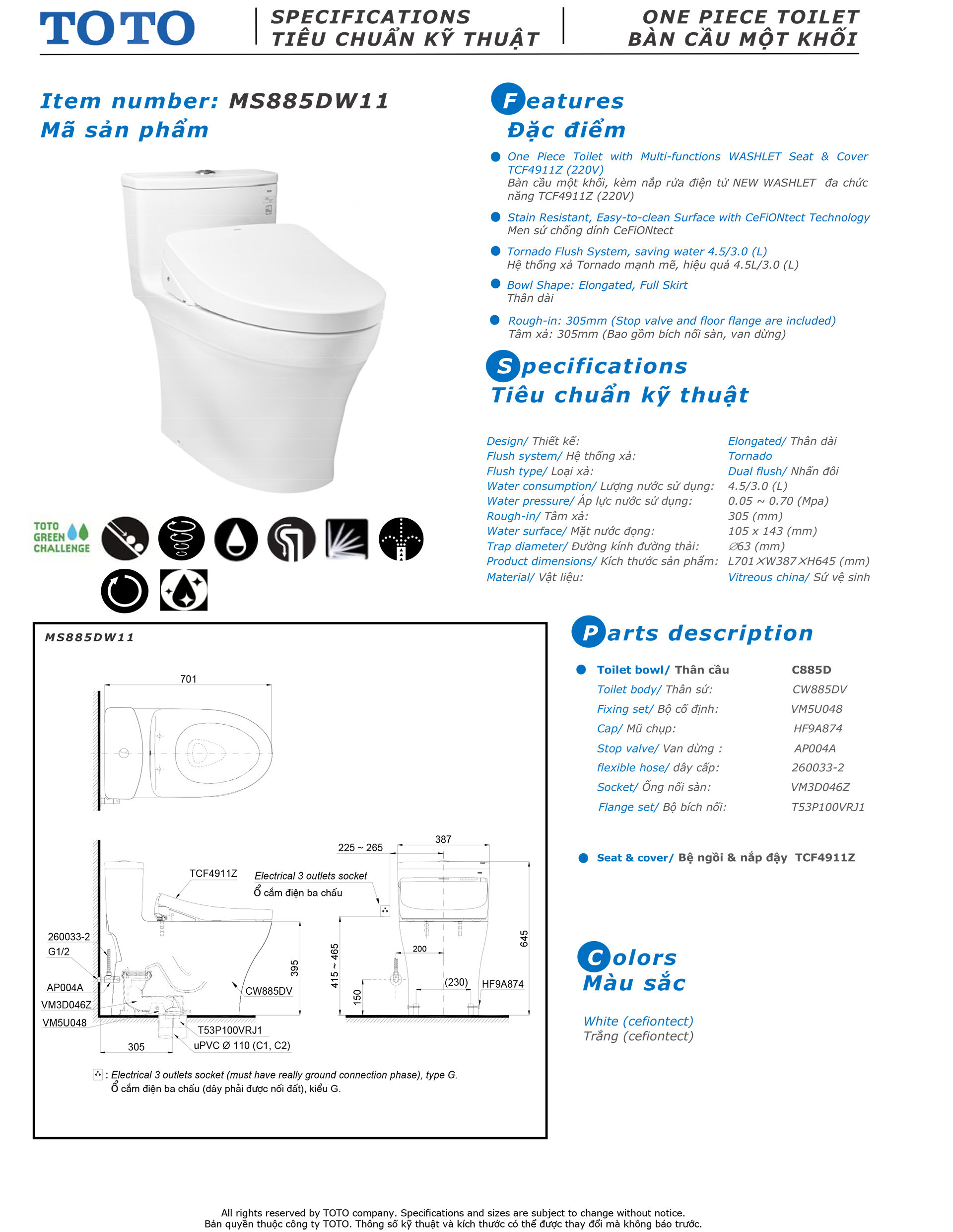 Bản vẽ thông số kỹ thuật và hướng dẫn lắp đặt bồn cầu cao cấp TOTO MS885DW11
