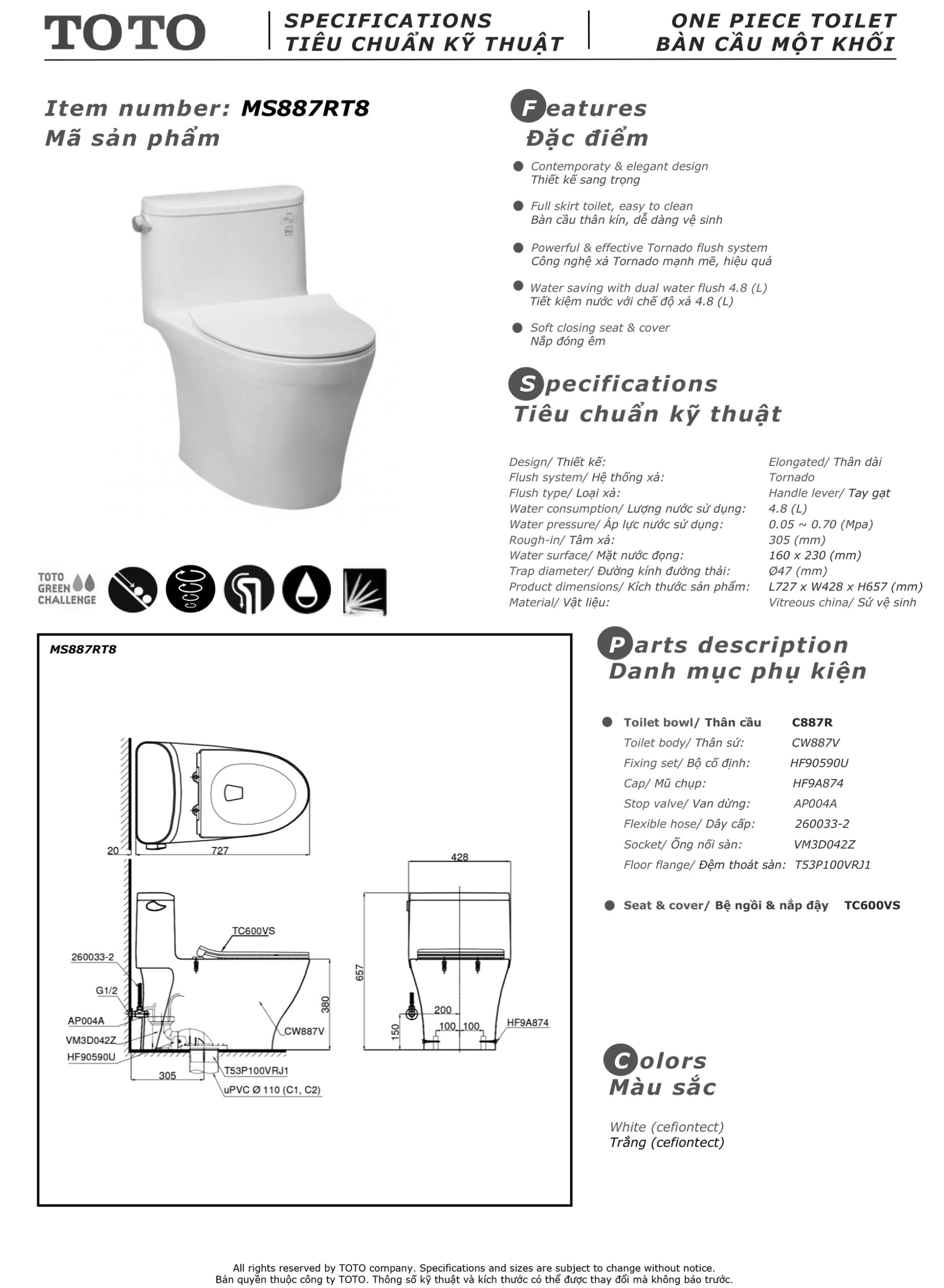 Bản vẽ thông số kỹ thuật và hướng dẫn lắp đặt bồn cầu cao cấp TOTO MS887RT8