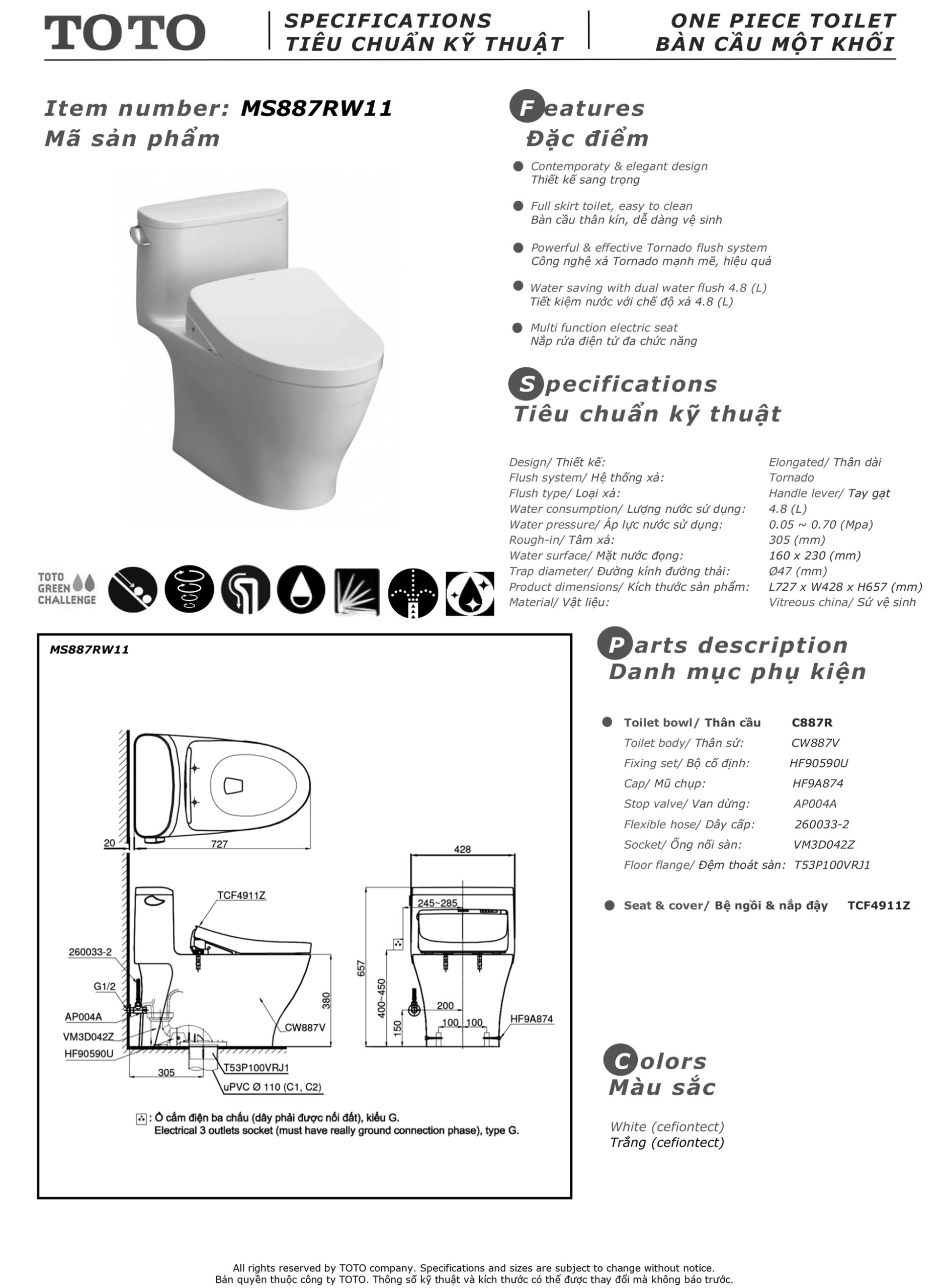 Bản vẽ thông số kỹ thuật và hướng dẫn lắp đặt bồn cầu cao cấp TOTO MS887RW11