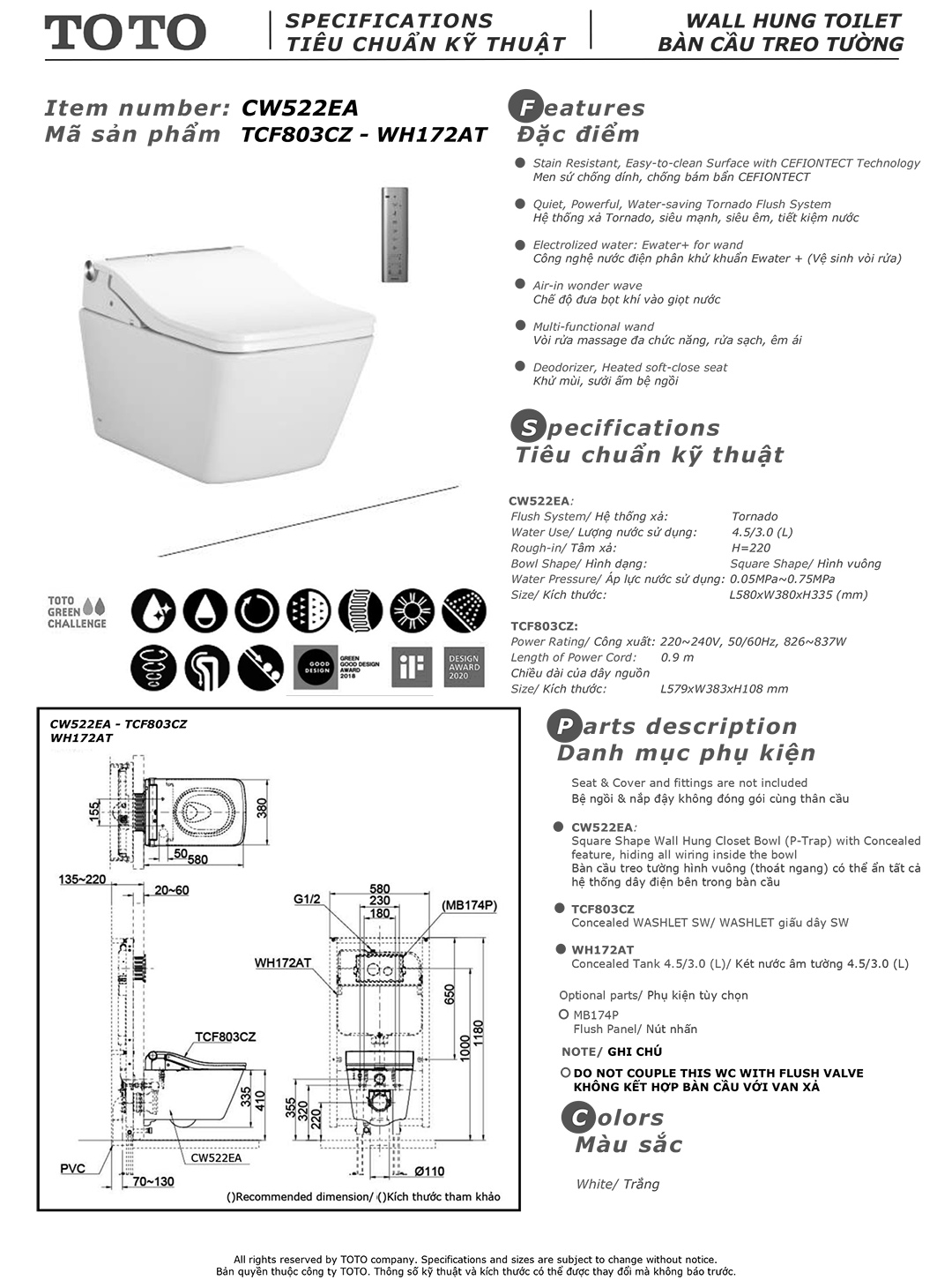 Bản vẽ thiết kế bồn cầu treo tường điện tử thông minh TOTO CW522EA/TCF803CZ/WH172AAT chính hãng giá rẻ tại totovn.net
