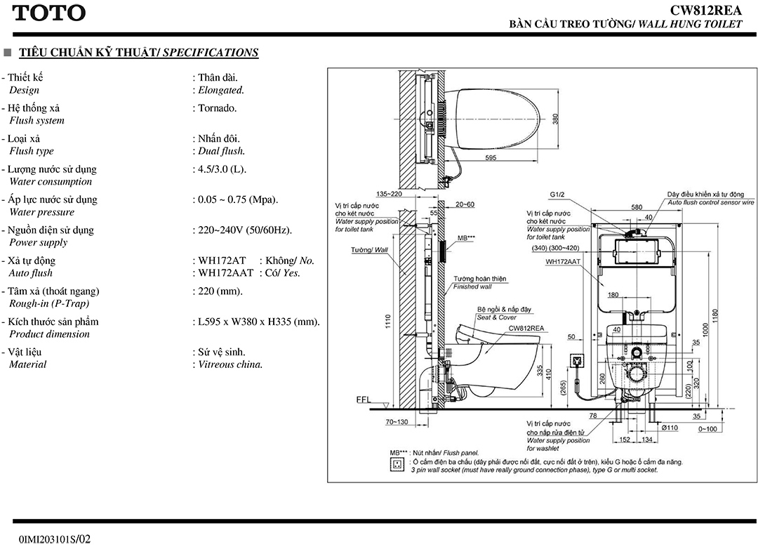 Bản vẽ thiết kế bồn cầu treo tường điện tử thông minh TOTO CW812REA chính hãng giá rẻ tại totovn.net