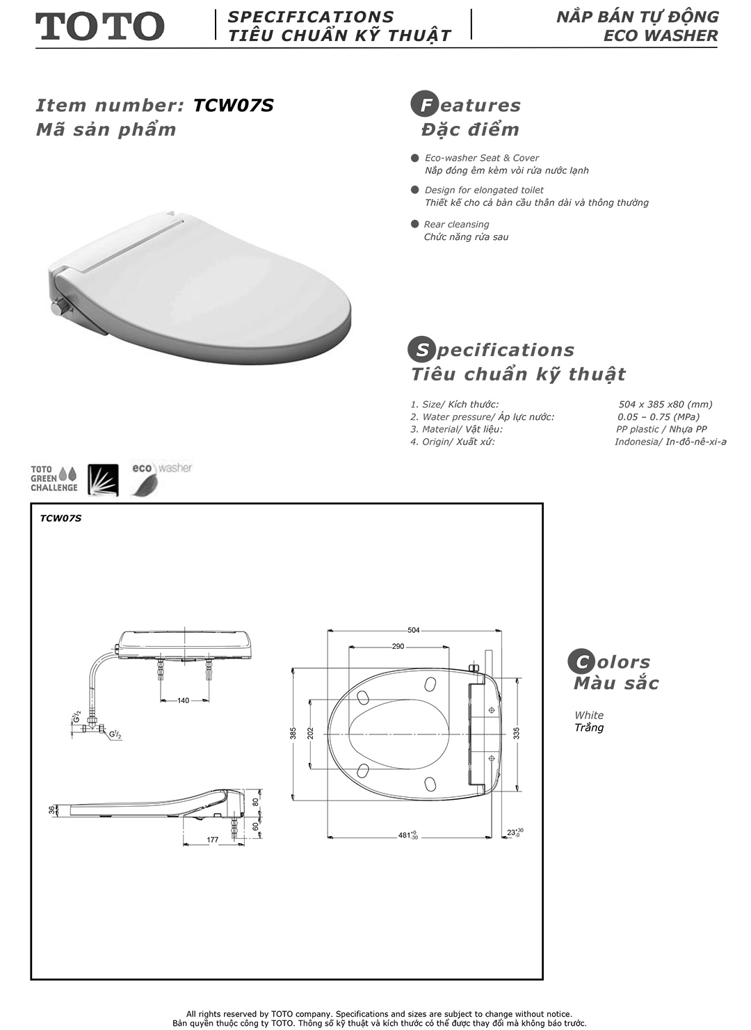 Nắp bồn cầu đóng êm TOTO TCW07S phun rửa đa năng tự động vệ sinh sạch sẽ giá rẻ tại Totovn.net