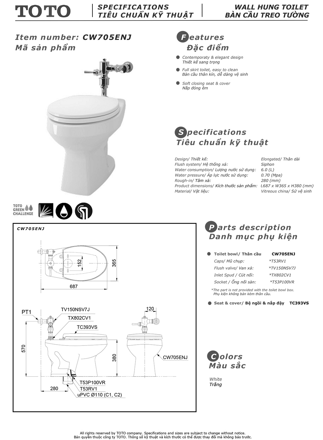 Bản vẽ bồn cầu đặt sàn công cộng TOTO CW705ENJ/ Bản vẽ thông số thiết kế bồn cầu đặt sàn công cộng TOTO CW705ENJ/TV150NSV7J chính hãng tại totovn.net