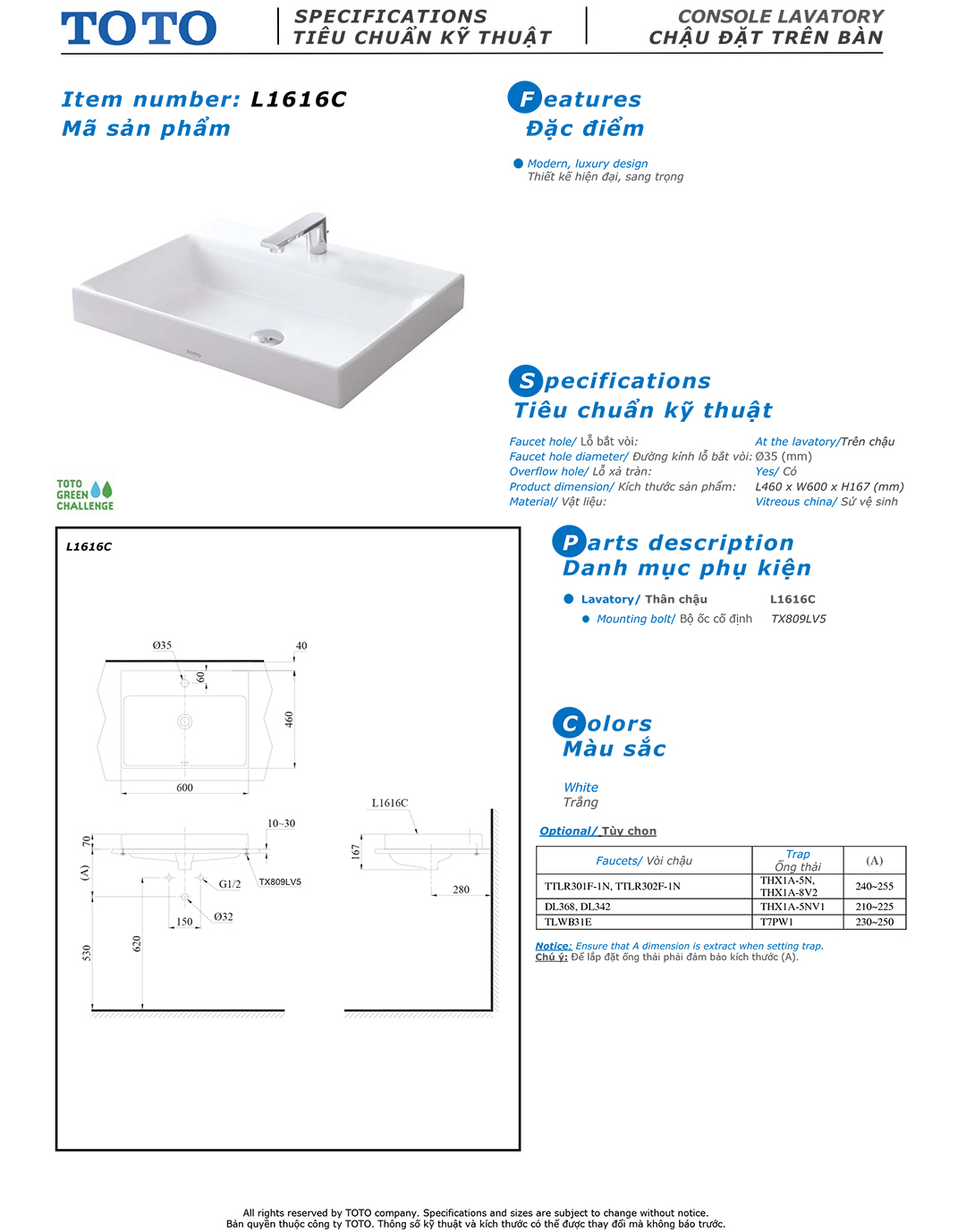 Bản vẽ thông số kỹ thuật và hướng dẫn lắp đặt chậu rửa lavabo cao cấp TOTO L1616 chính hãng giá rẻ tại Totovn.net