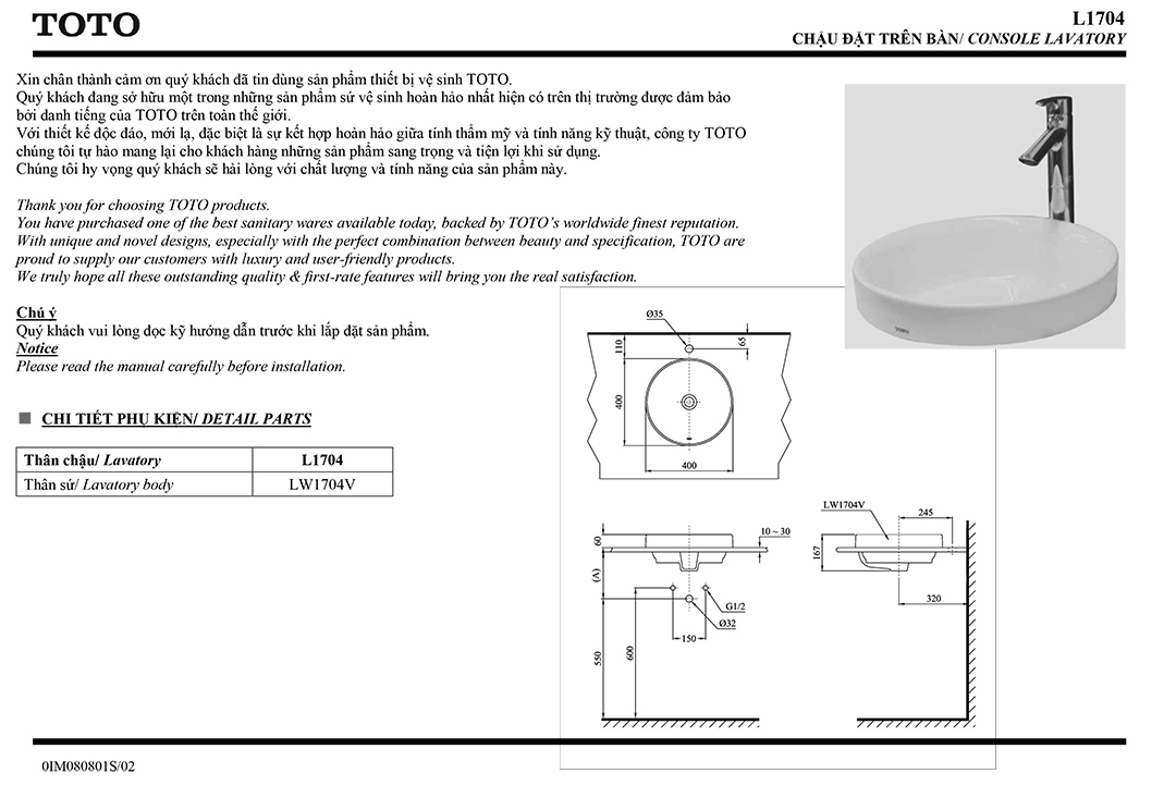 Bản vẽ thông số chậu rửa lavabo cao cấp TOTO L170 Bản vẽ thông số kỹ thuật và hướng dẫn lắp đặt chậu rửa lavabo cao cấp TOTO L1704 chính hãng giá rẻ tại Totovn.net