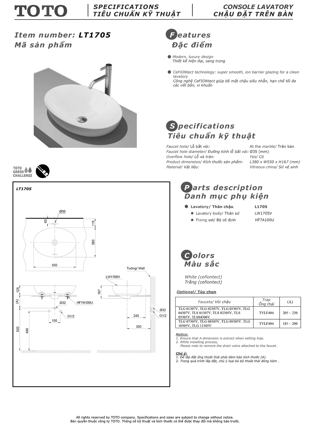 Bản vẽ thông số kỹ thuật và hướng dẫn lắp đặt chậu rửa lavabo cao cấp TOTO L1705 chính hãng giá rẻ tại Totovn.net