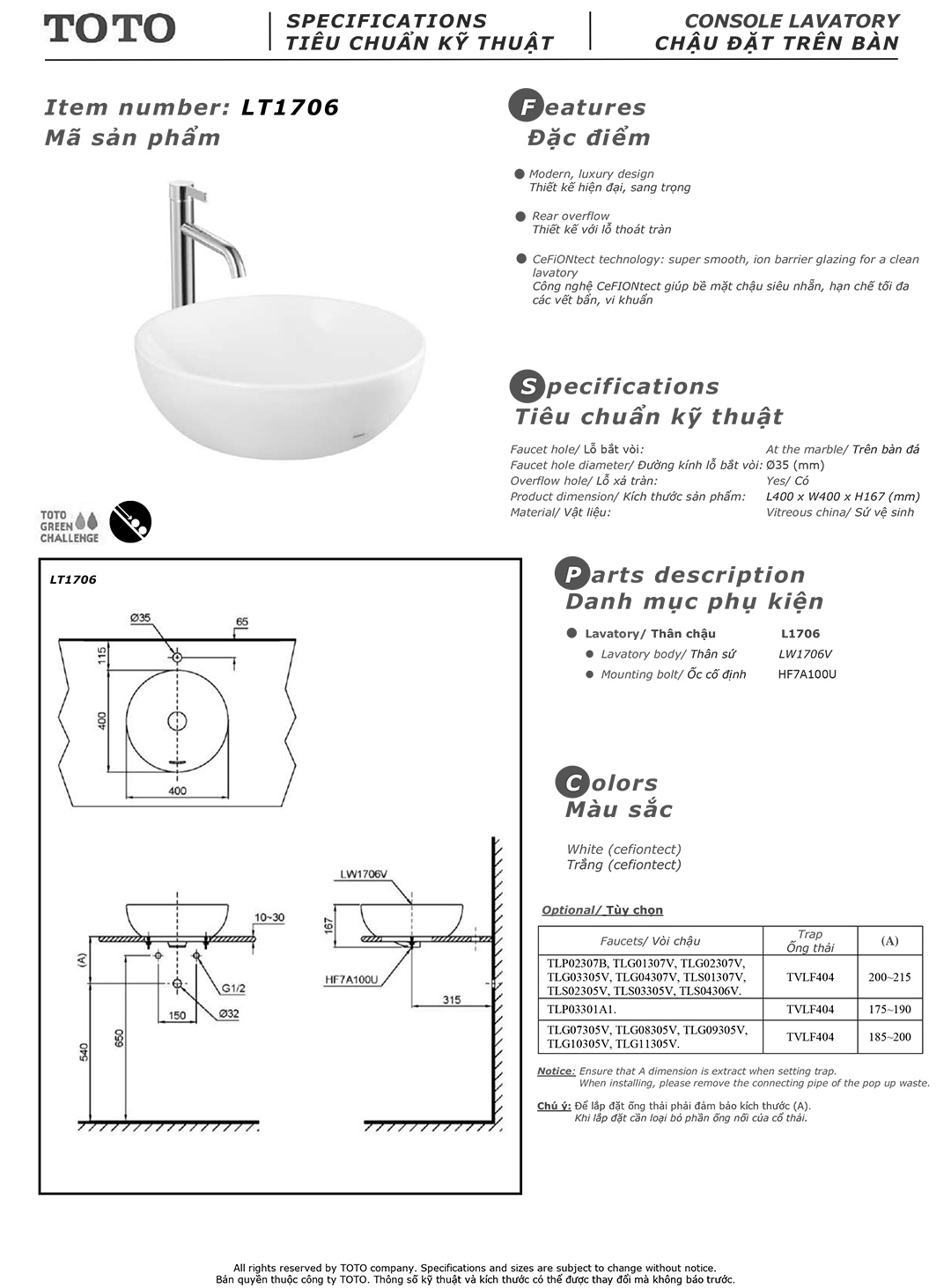 Bản vẽ thông số kỹ thuật và hướng dẫn lắp đặt chậu rửa lavabo cao cấp TOTO L1706 chính hãng giá rẻ tại Totovn.net