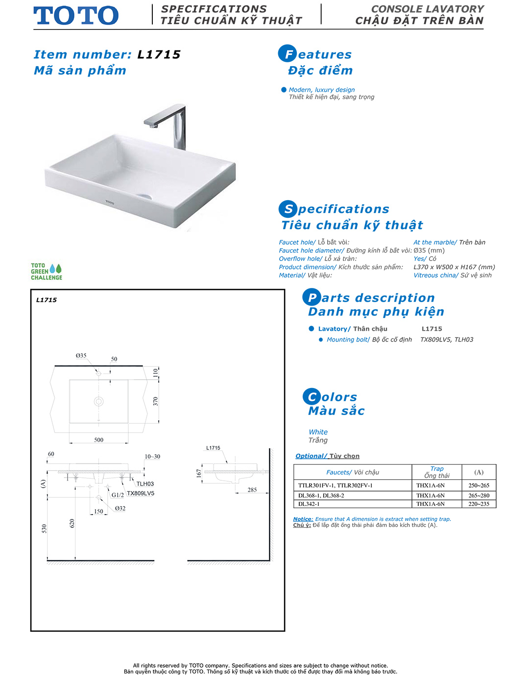 Bản vẽ thông số chậu rửa lavabo cao cấp TOTO L1715