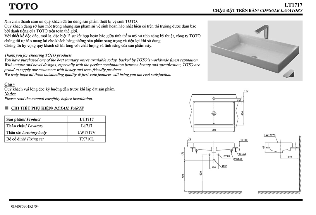 Bản vẽ thông số kỹ thuật và hướng dẫn lắp đặt chậu rửa lavabo cao cấp TOTO L1717 chính hãng giá rẻ tại Totovn.net