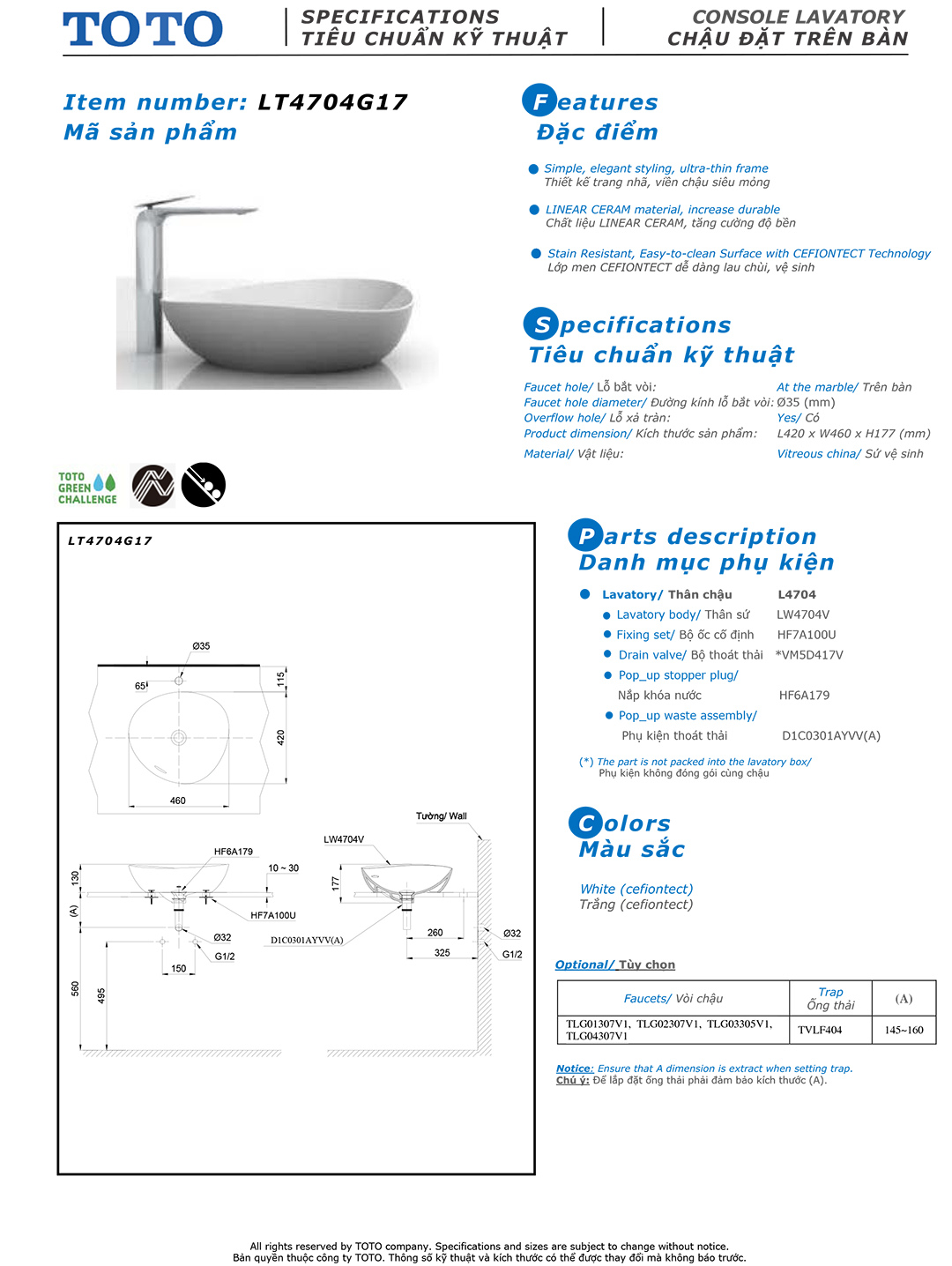 Bản vẽ thông số kỹ thuật và hướng dẫn lắp đặt chậu rửa lavabo cao cấp TOTO LT4704G17