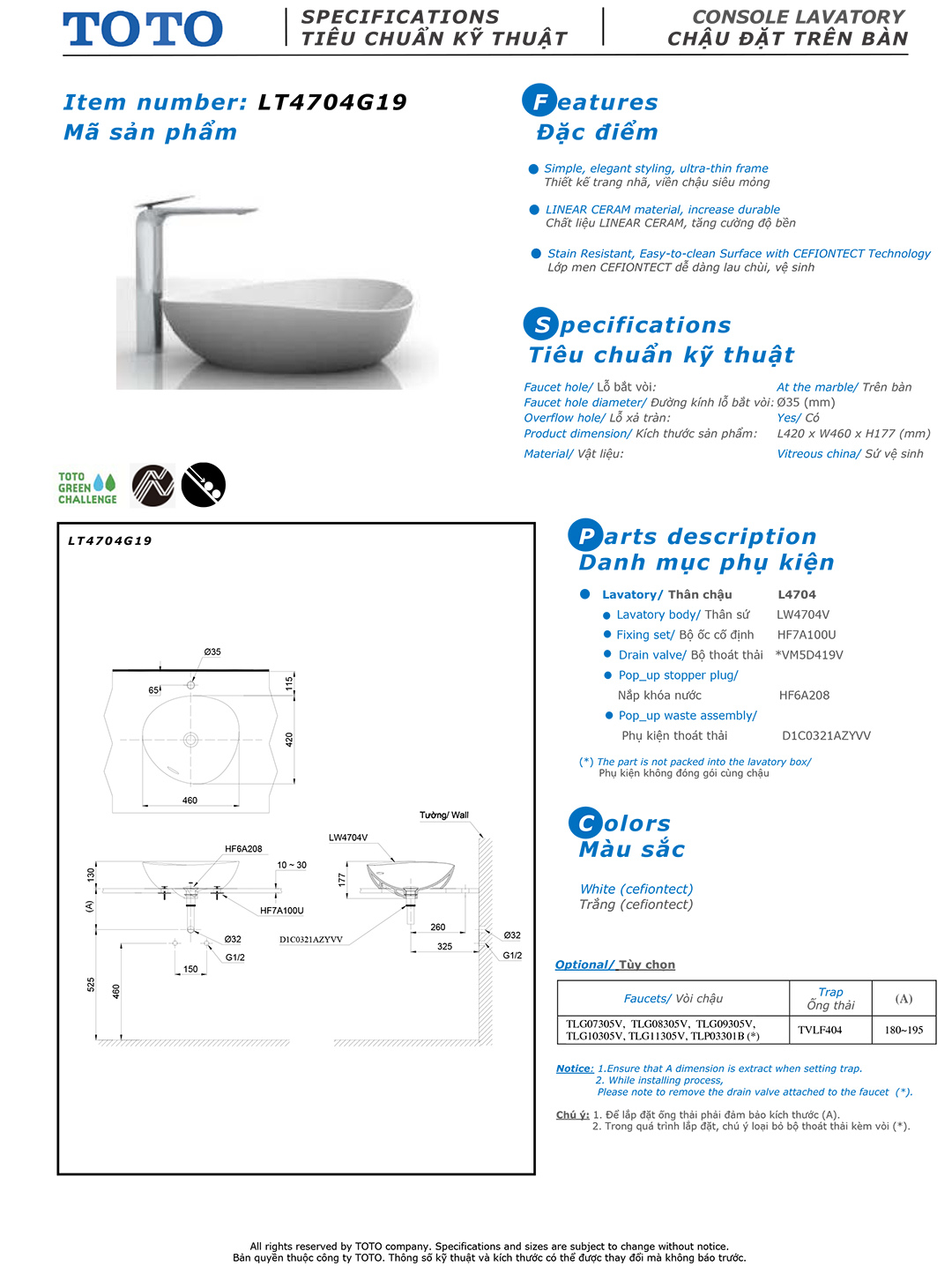 Bản vẽ thông số kỹ thuật và hướng dẫn lắp đặt chậu rửa lavabo cao cấp TOTO LT4704G19