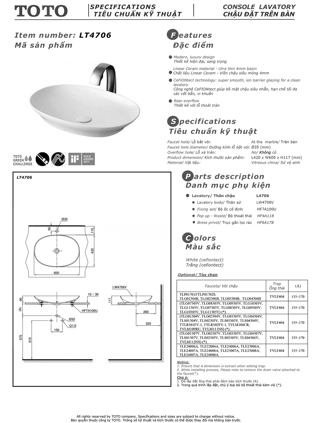 Bản vẽ thông số kỹ thuật và hướng dẫn lắp đặt chậu rửa lavabo cao cấp TOTO LT4706