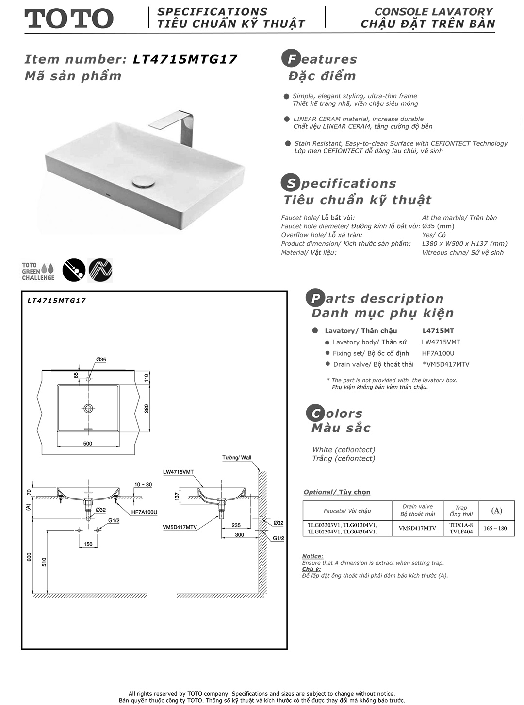 Bản vẽ thông số kỹ thuật và hướng dẫn lắp đặt chậu rửa lavabo cao cấp TOTO LT4715MTG17