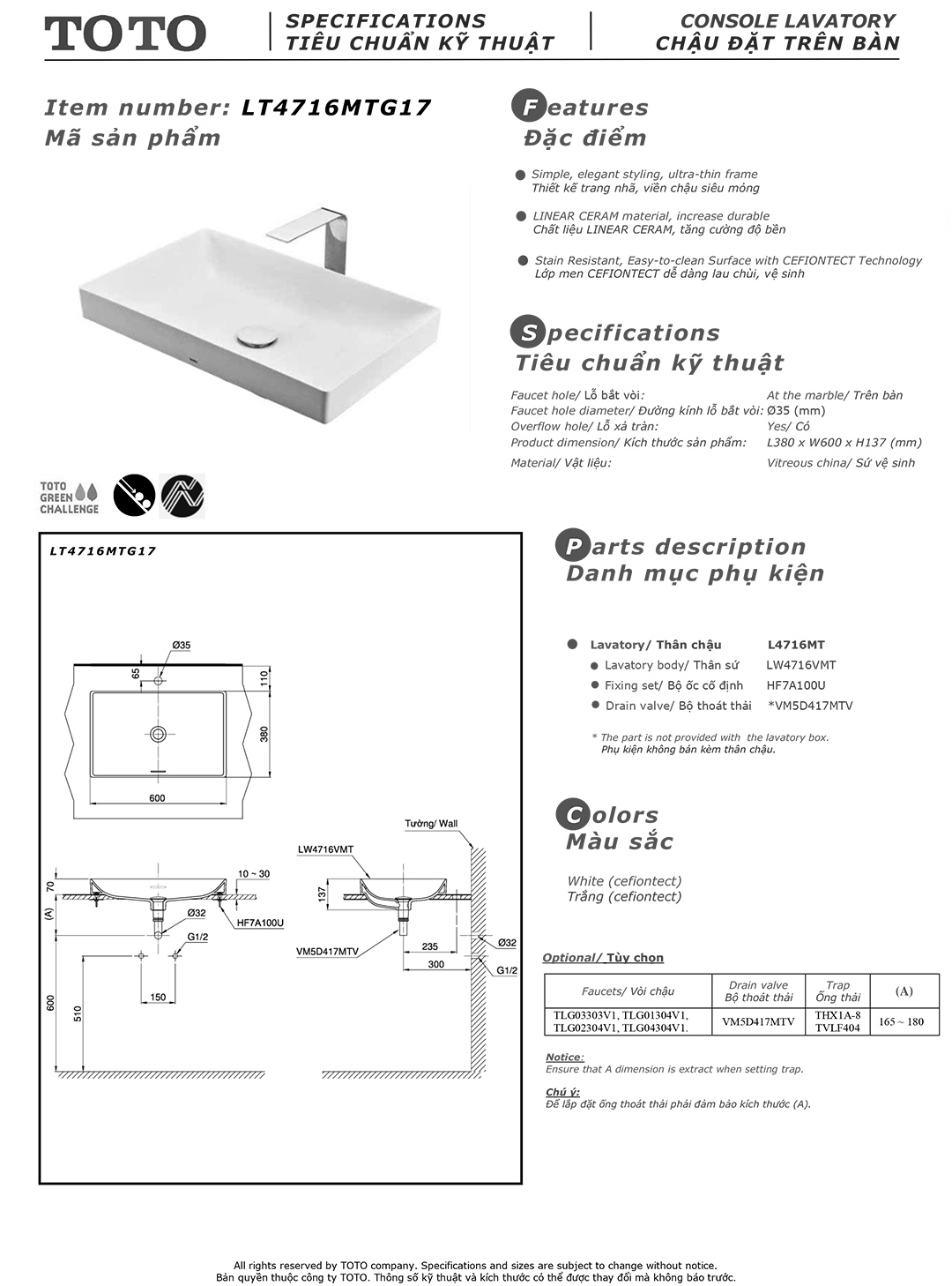 Bản vẽ thông số kỹ thuật và hướng dẫn lắp đặt chậu rửa lavabo cao cấp TOTO LT4716MTG17