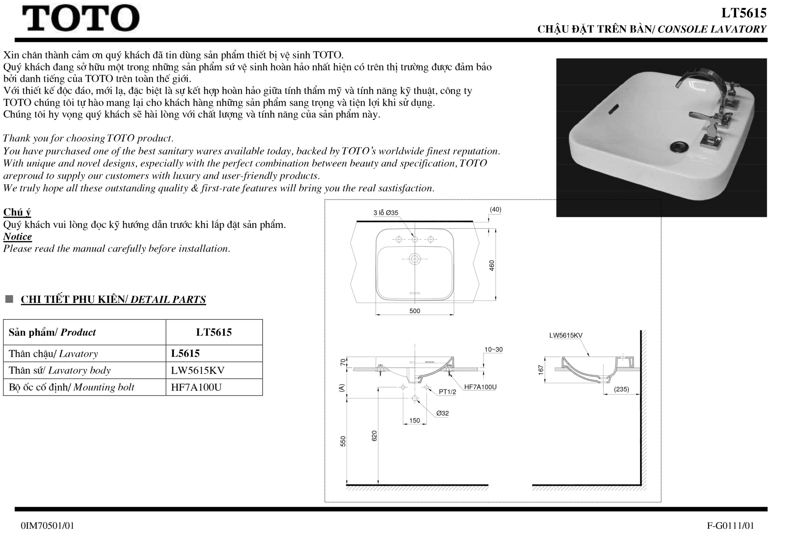 Bản vẽ thông số chậu rửa lavabo cao cấp TOTO L5615 Bản vẽ thông số kỹ thuật và hướng dẫn lắp đặt chậu rửa lavabo cao cấp TOTO L5615 chính hãng giá rẻ tại Totovn.net