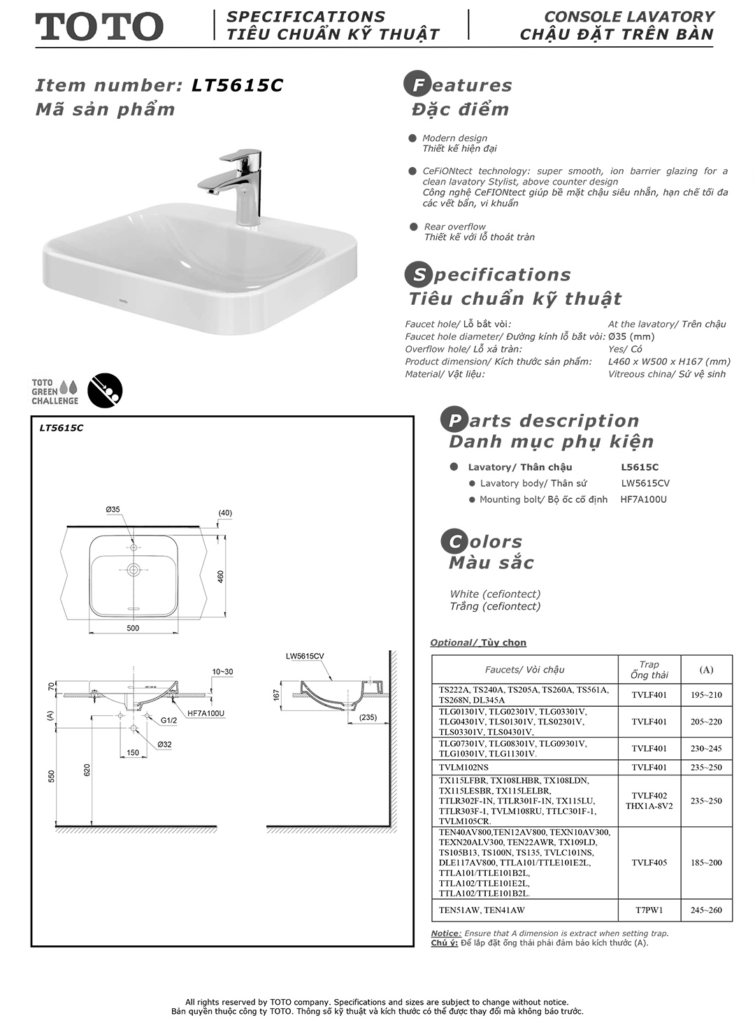 Bản vẽ thông số chậu rửa lavabo cao cấp TOTO L5615C Bản vẽ thông số kỹ thuật và hướng dẫn lắp đặt chậu rửa lavabo cao cấp TOTO L5615C chính hãng giá rẻ tại Totovn.net