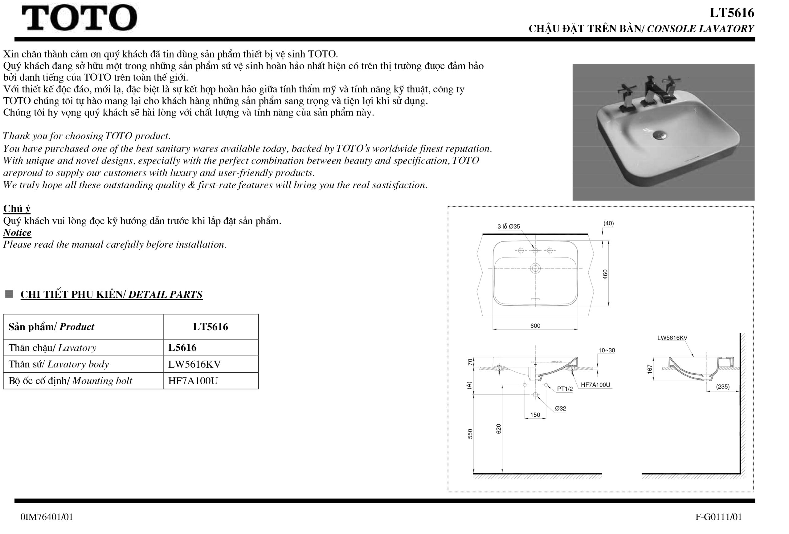 Bản vẽ thông số chậu rửa lavabo cao cấp TOTO LT5616 Bản vẽ thông số kỹ thuật và hướng dẫn lắp đặt chậu rửa lavabo cao cấp TOTO LT5616 chính hãng giá rẻ tại Totovn.net