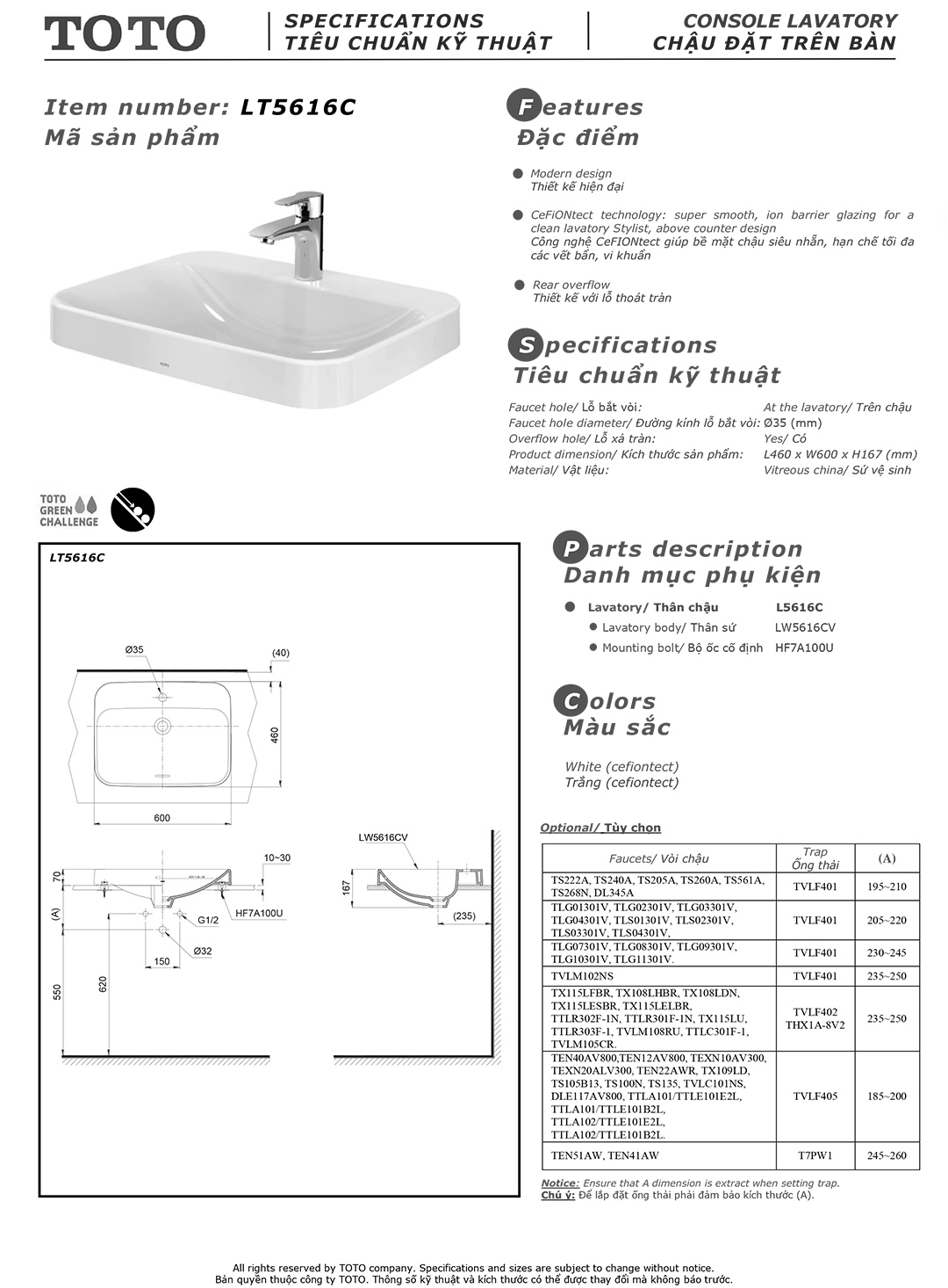 Bản vẽ thông số kỹ thuật và hướng dẫn lắp đặt chậu rửa lavabo cao cấp TOTO LT5616C chính hãng giá rẻ tại Totovn.net