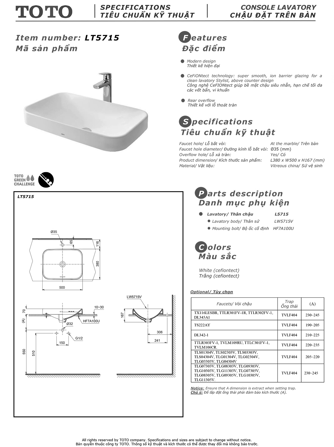 Bản vẽ thông số chậu rửa lavabo cao cấp TOTO LT5715 Bản vẽ thông số kỹ thuật và hướng dẫn lắp đặt chậu rửa lavabo cao cấp TOTO LT5715 chính hãng giá rẻ tại Totovn.net