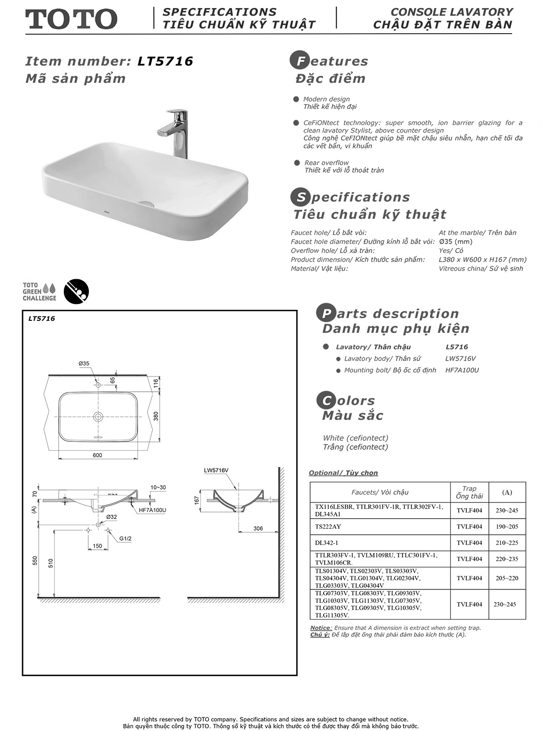 Bản vẽ thông số chậu rửa lavabo cao cấp TOTO LT5716 Bản vẽ thông số kỹ thuật và hướng dẫn lắp đặt chậu rửa lavabo cao cấp TOTO LT5716 chính hãng giá rẻ tại Totovn.net