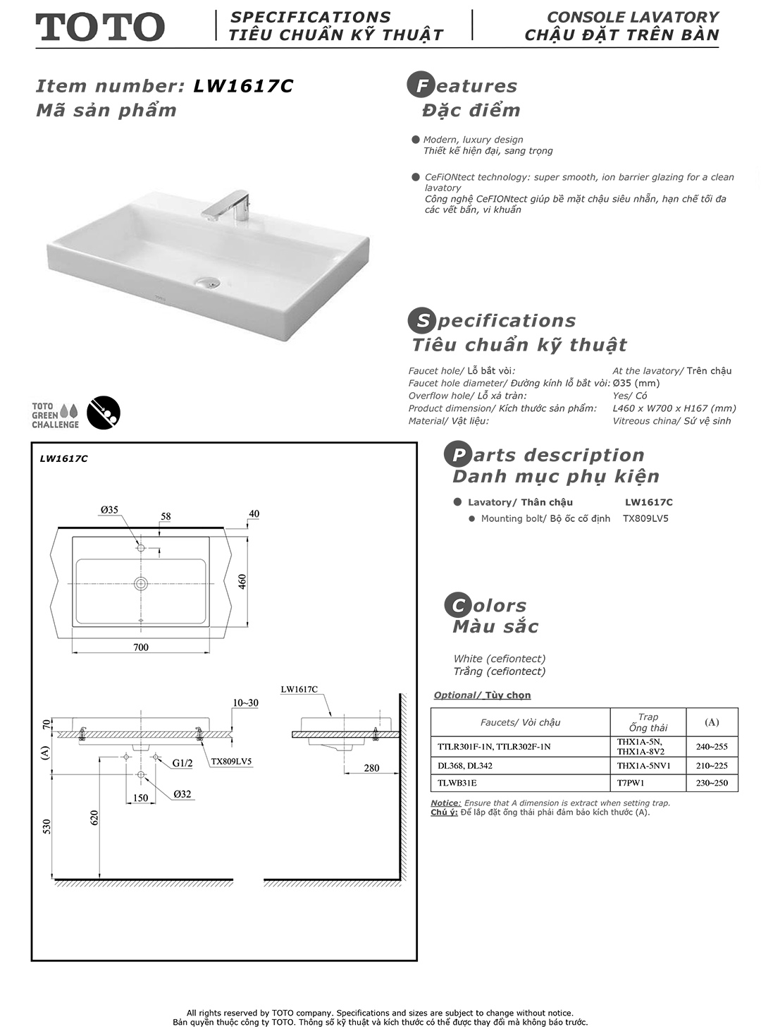 Bản vẽ thông số kỹ thuật và hướng dẫn lắp đặt chậu rửa lavabo cao cấp TOTO LW1617C chính hãng giá rẻ tại Totovn.net