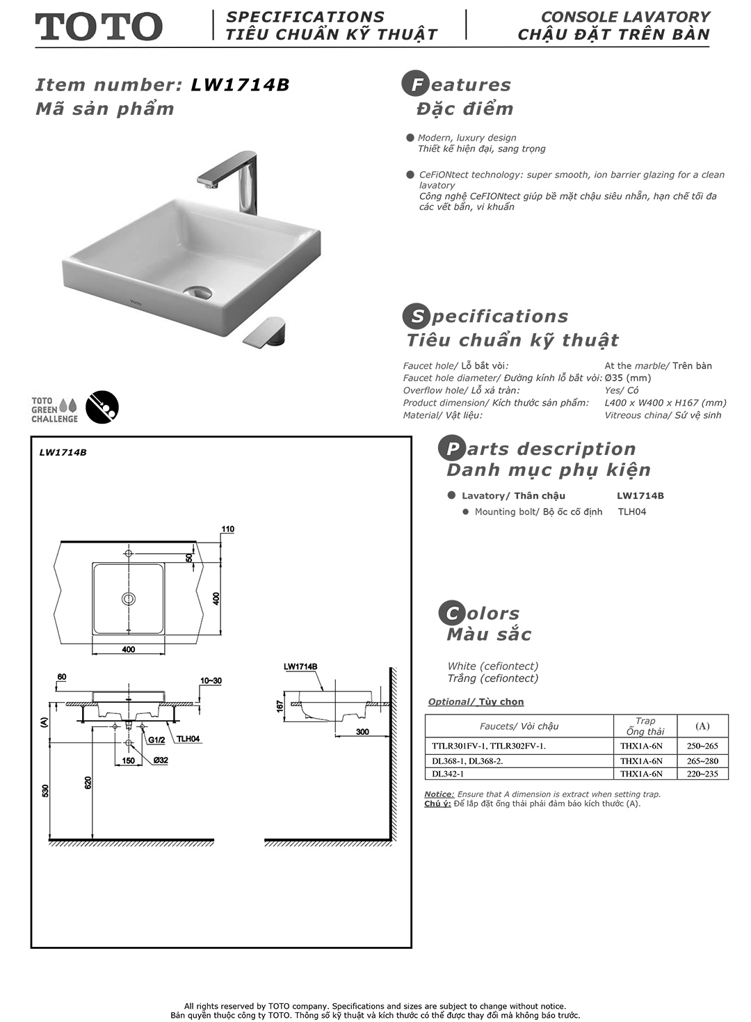 Bản vẽ thông số kỹ thuật và hướng dẫn lắp đặt chậu rửa lavabo cao cấp TOTO LW1714B chính hãng giá rẻ tại Totovn.net